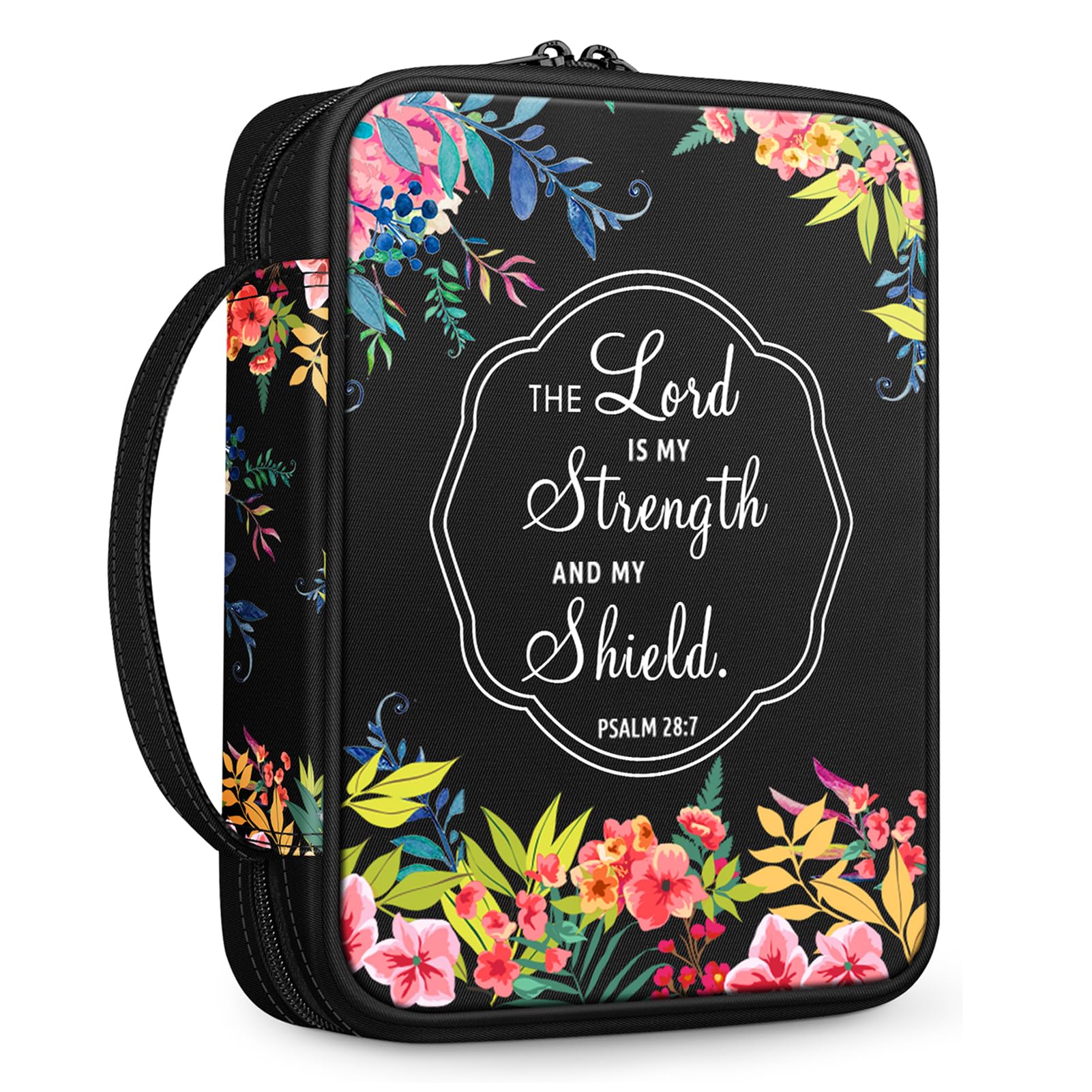 FINPAC Bible Cover, Carrying Case for Church, Protective Bag with Handle and Zippered Pocket, Gift for Mother, Lady, Women, Men, Floral Black