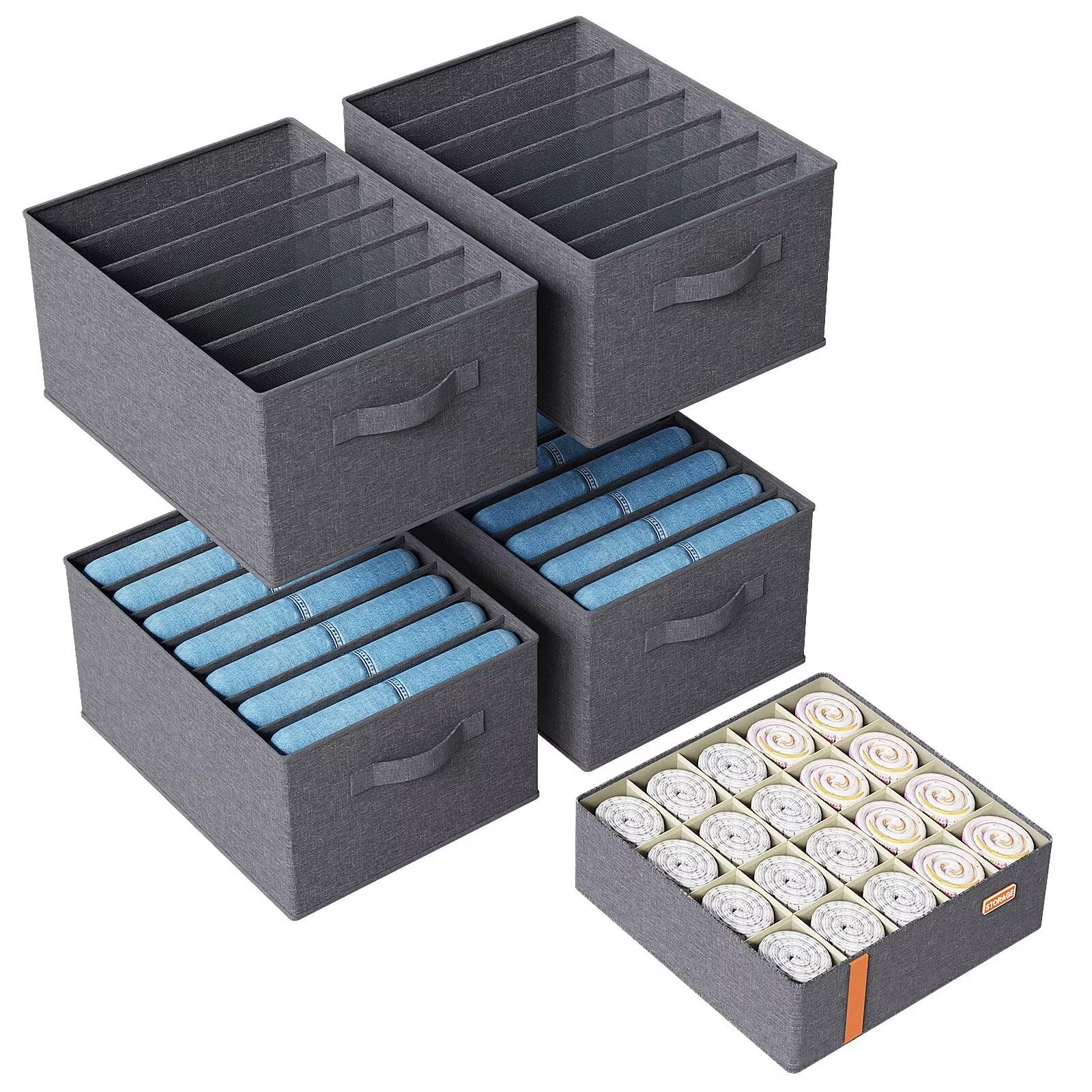 4PCS Clothes Organizer for Closet 7 Grids, Drawer Organizers for Clothing with 1Pc Socks Organizer, Jeans Pants Organizers with Handles, Foldable Wardrobe Organizer for Pants,Shirts,Sweaters