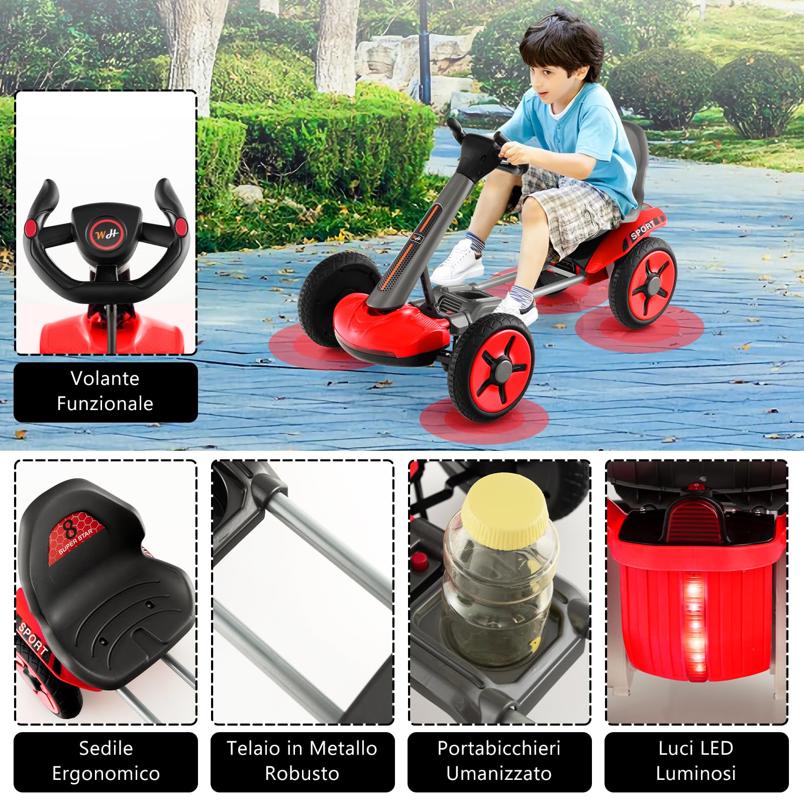 COSTWAY 12V Go Kart Elettrico per Bambini, Go Kart Pieghevole con Portabicchiere, Volante e Sedile Regolabili e Funziona Lento Avvio, per Bambini 2-5 Anni (Rosso)