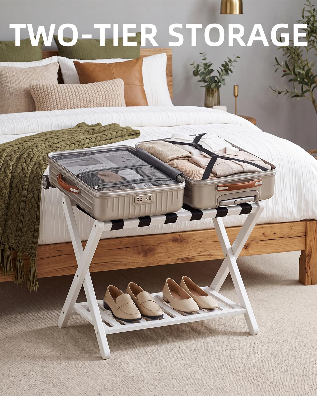 SMIBUY porte-bagages, paquet de 2, porte-valise pliable en bambou avec étagère de rangement pour chambre d’amis, chambre à coucher, hôtel, robuste (blanc)