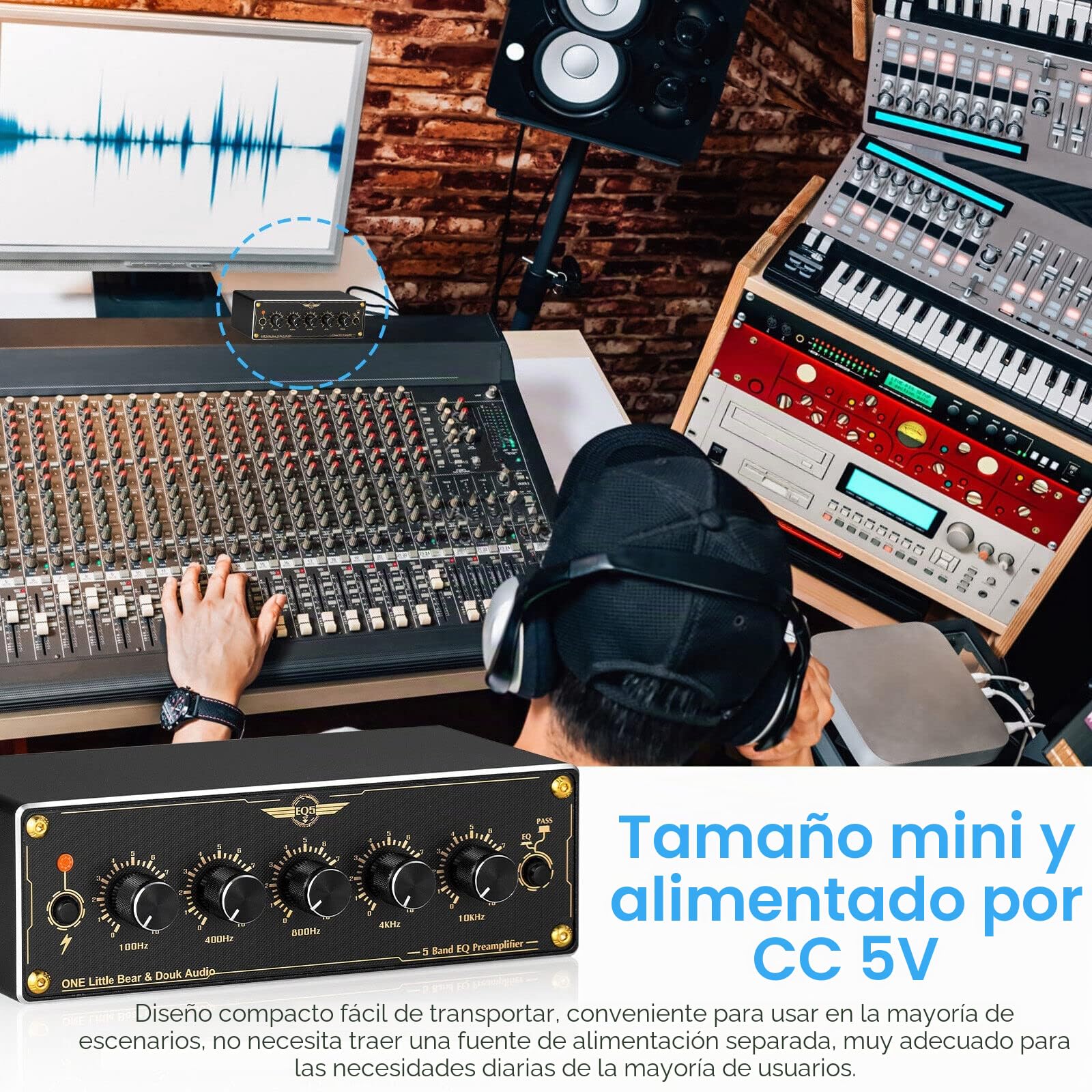 Douk Audio EQ5 - Mini preamplificador de 5 bandas EQ Preamplificador estéreo analógico Equalizer Portable Audio Processor for Home/Car (EQ5)