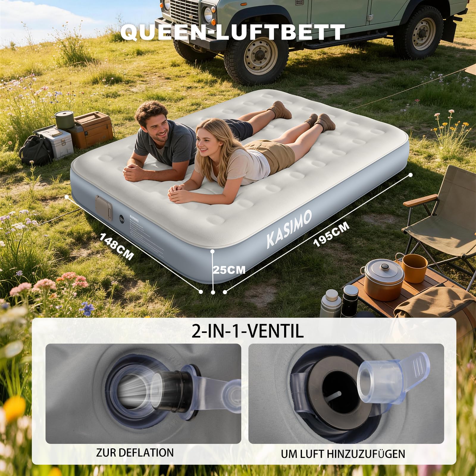 KASIMO Luftmatratze selbstaufblasend, luftbett 2 Personen, Gästebett mit integrierter Elektrischer Pumpe, aufblasbare matratze mit Kissen, luftmatratze 195x148x25cm für Gäste zu Hause und Camping