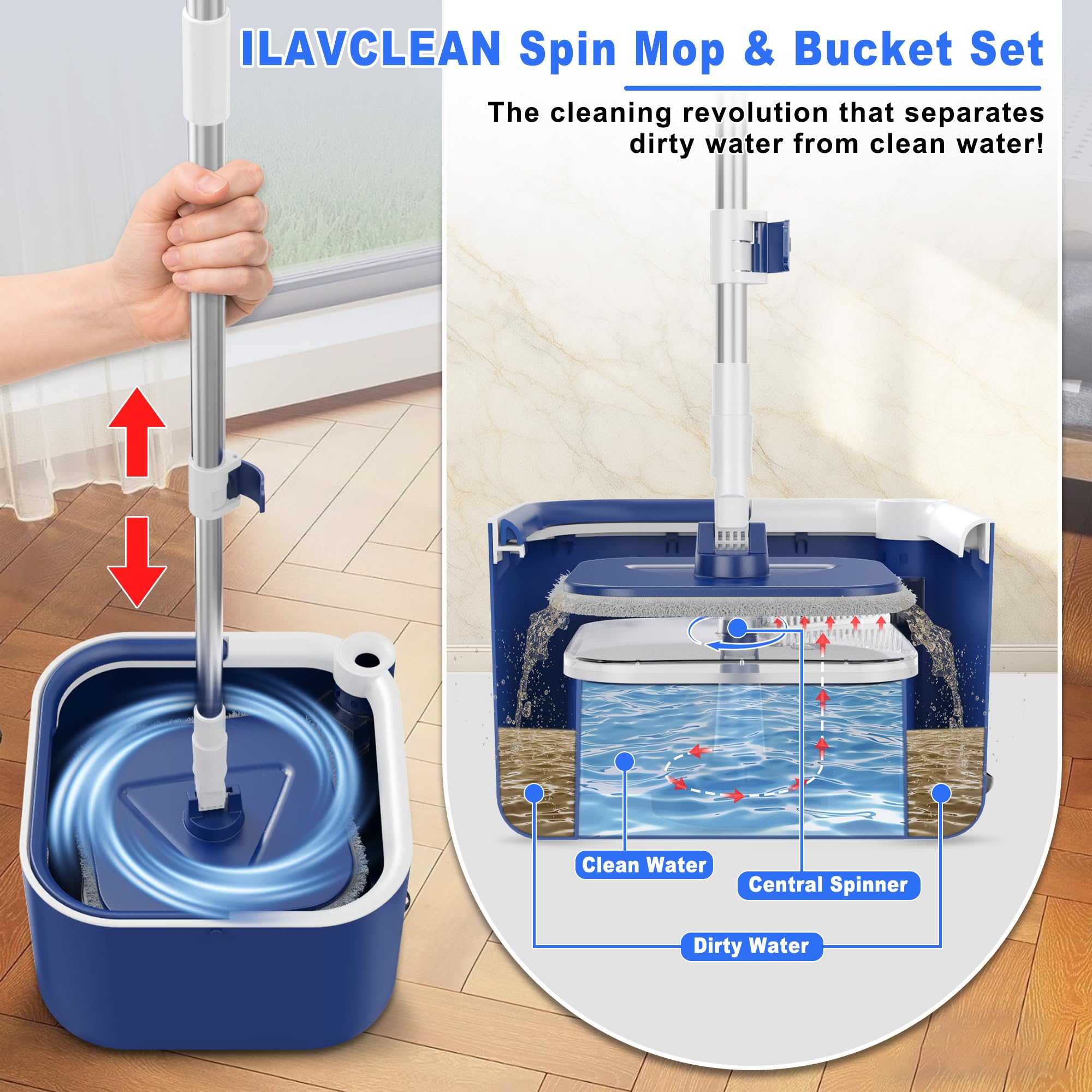Set di mocio rotante e secchio, separati per serbatoi d'acqua puliti e sporchi, testa in microfibra autorestringente a mani libere, mocio piatto per la pulizia di pavimenti in legno