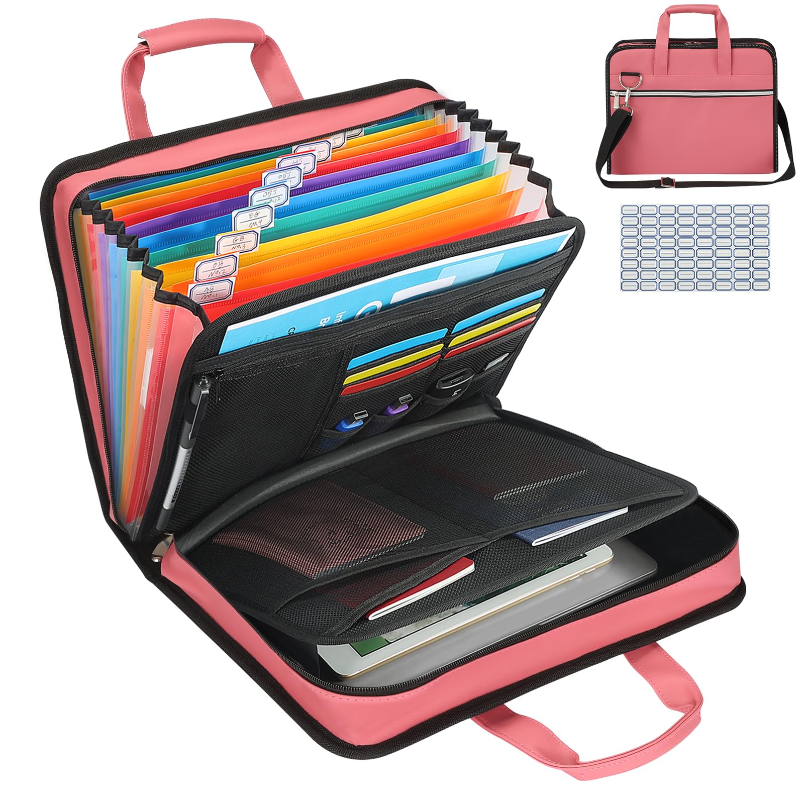 MRLUK Accordian File Organizer with Handle,26 Pockets Expanding File Folder, Portable Cloth Document Organizer Accordion File Keeper for Letter Size / A4 File, for Office, School-Black (PU-Pink)