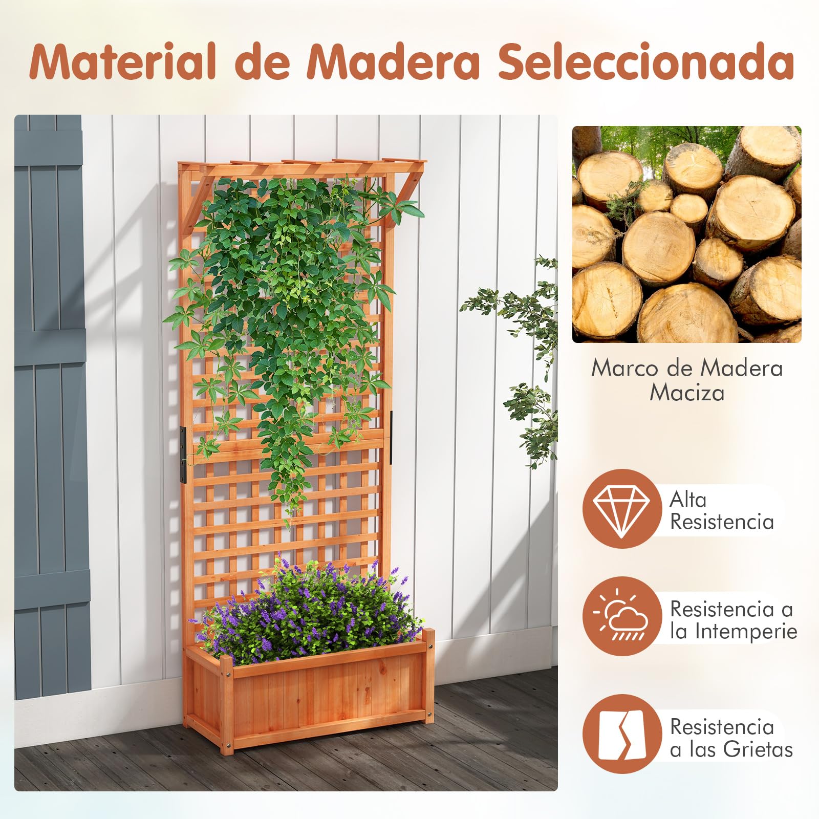 GOPLUS Jardinera con Enrejado 183cm de Madera de Abeto, Agujero de Drenaje para Plantas Trepadoras, Flores, Cama de Jardín Elevada para Patio, Terraza, Balcón, Huerto Urbano Exterior (75x33x183cm)