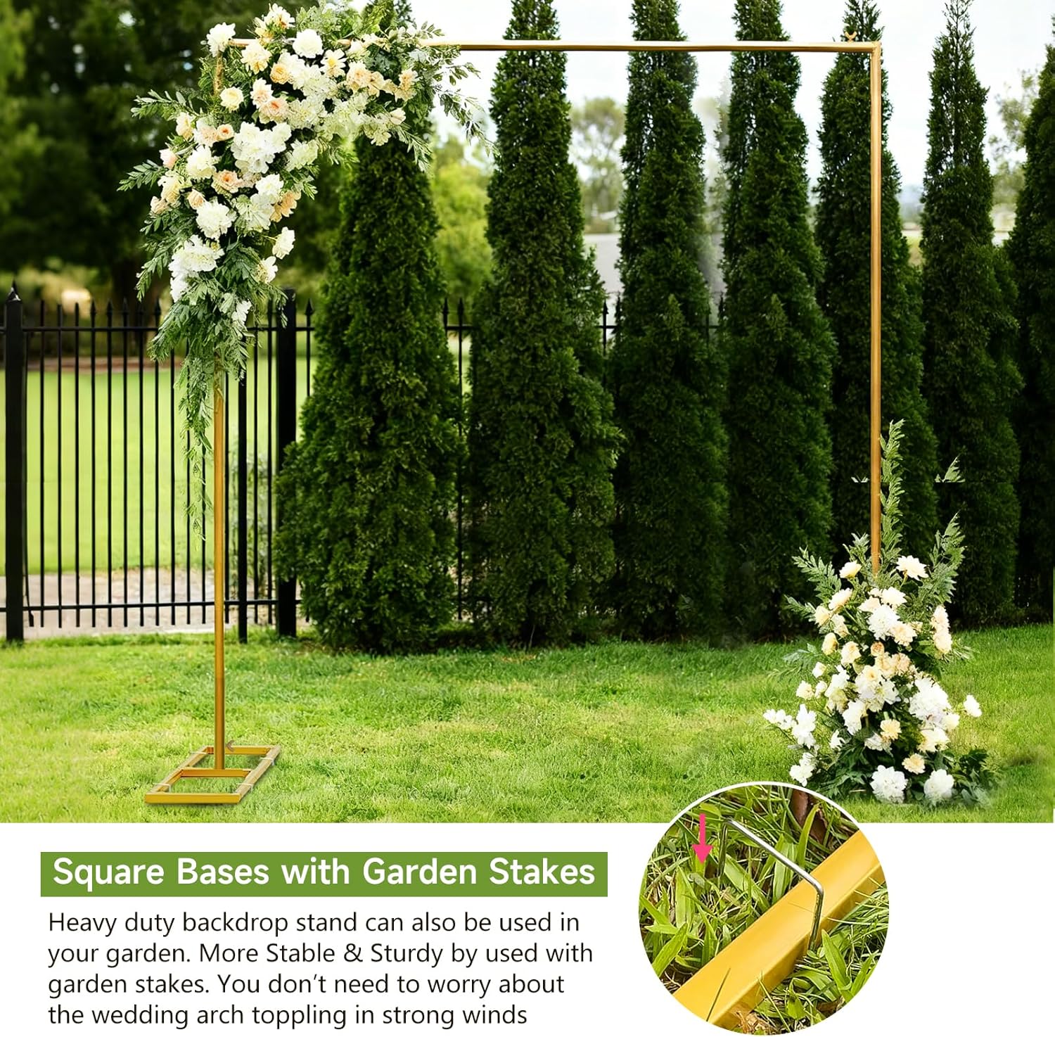 Wedding Arch Backdrop Stand Square 6.6FTx6.6FT Gold Metal Balloon Arch Stand Garden Arbor Backdrop Frame for Wedding Birthday Party Baby Shower Photo Booth Background Decoration