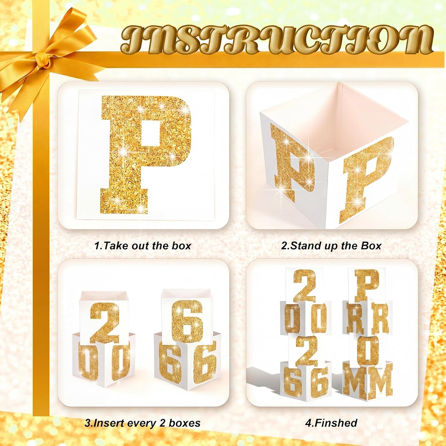 Queekay 8 Pcs Prom Column Standup Photo Booth Decorations 2026 Prom Backdrop Balloon Boxes Cardboard Decoration Column for Party College, 11.8 x 44.9 Inch (Gold, White)