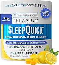 Relaxium SleepQuick Gummies - Sleep Aid + Gut Health & Immune Support, 5 mg Melatonin, Vitamin D-3 + Prebiotic & Probiotic Blend, Gluten & Drug Free, Lemon Flavor, 60 Gummies