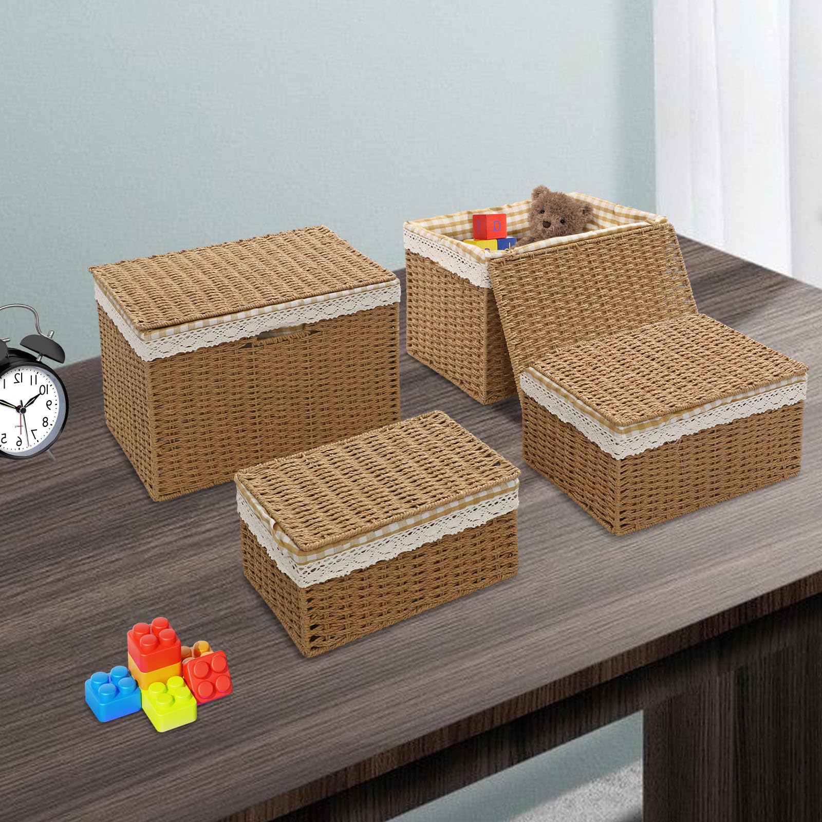 Set di 4 cestini in corda intrecciati con vassoio portaoggetti rettangolare impilabile rustico, cestino biancheria sporca con coperchio organizer, giocattoli, vestiti, con manico e fodera cesti