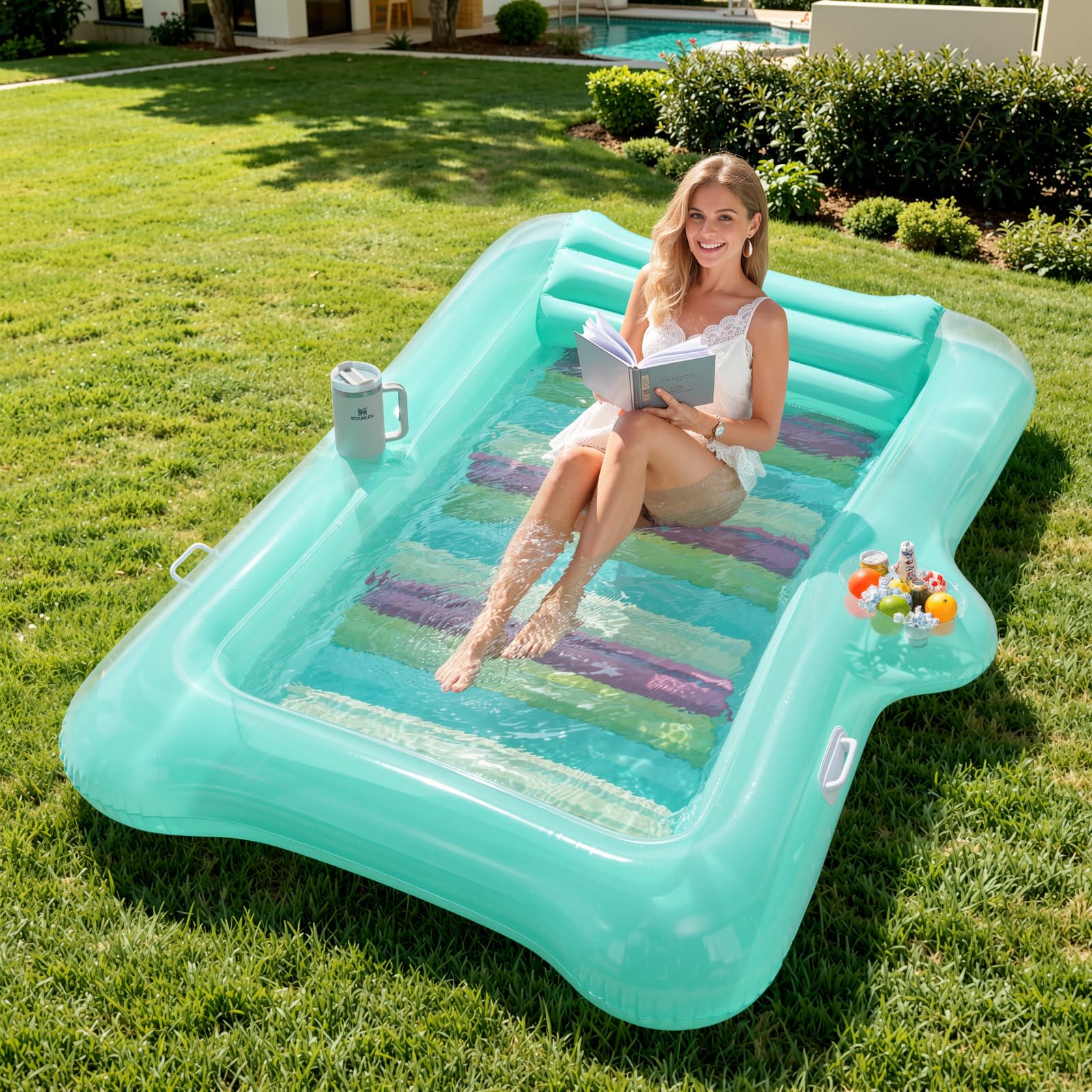 MoKo Pool Floats Adult, 82" x 50" Large Floating Bed with Ice Bar, Tanning Bed Pool Raft Inflatable Lounger with Drink Holder Tanning Chair Inflatable Pool Toys for Backyard, Transparent Mint Green โ image 1