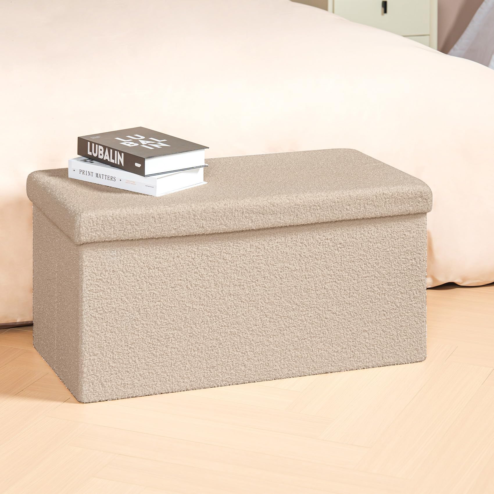 Bonlife Faltbarer Sitzhocker mit Stauraum, Faltbare Sitzbank, Webpelz Fußbank Truhen Aufbewahrungsbox, Fleece, Beige,80x40x40cm