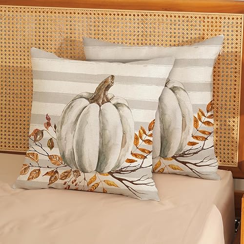 Miniatura 9 de Juego de 2 fundas de almohada de otoño de 18 x 18 pulgadas, diseño de calabaza y rayas, decoración de otoño, de lino, Acción de Gracias, para