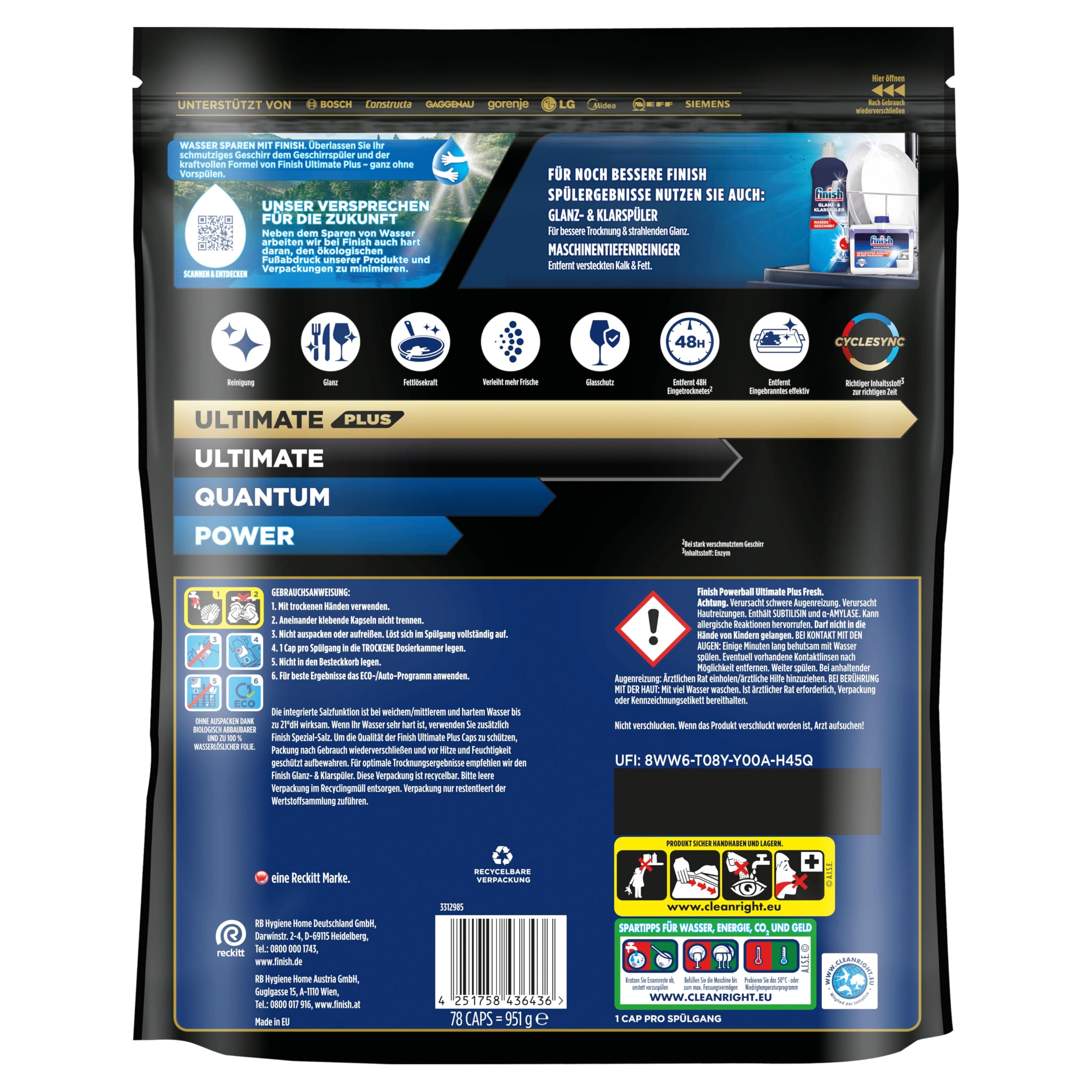 Finish Ultimate Plus Fresh tabletki do zmywarki – tabletki do mycia naczyń do wewnętrznego czyszczenia, rozpuszczania tłuszczu i połysku – ekonomiczne opakowanie z 78 tabletkami