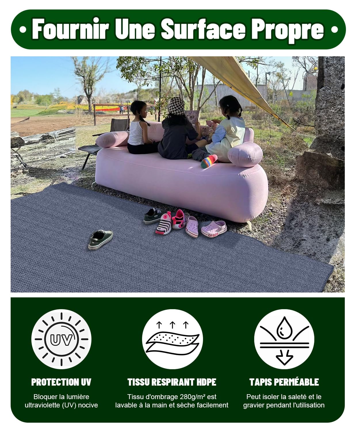 Tapis d'auvent pour Camping Extérieur, Respirant, Antidérapant, Lavable, Différentes Tailles, Contient 4 Piquets