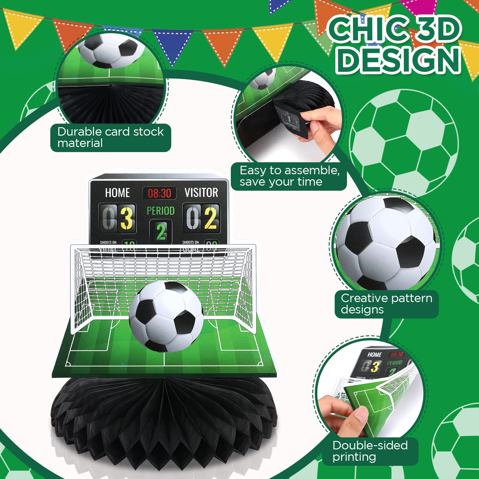 Decorazioni A Tema Calcio Da Tavolo - Set 9 Pezzi, Centrotavola A Nido D'Ape Per Feste - Foto 3