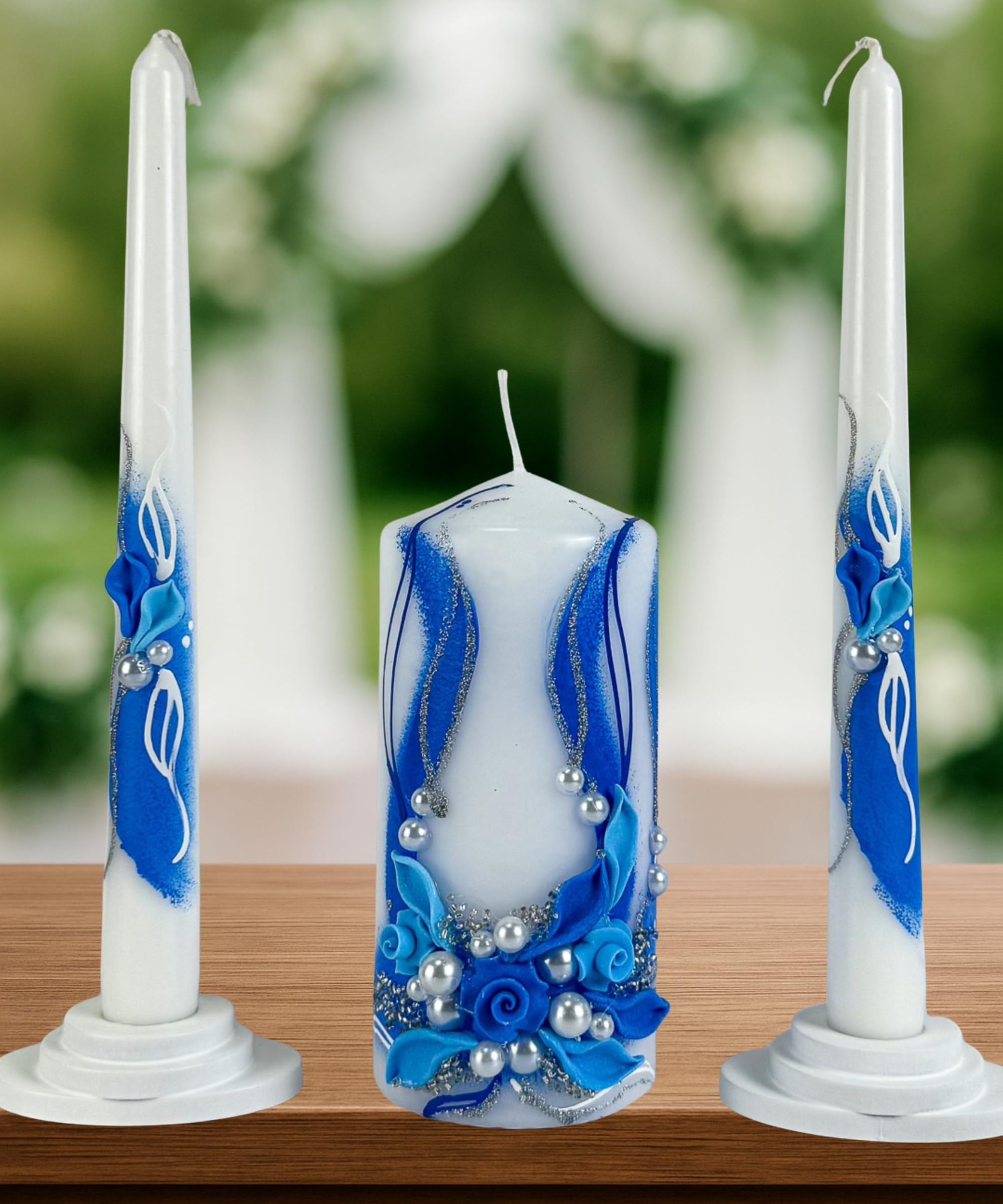 Unity Candle Set - Wedding Ceremony & Reception – 6” Pillar & Two 10” Taper Candles – Long Burning Unity Candles for Marriage Ritual – Handmade in USA - Royal | Blue
