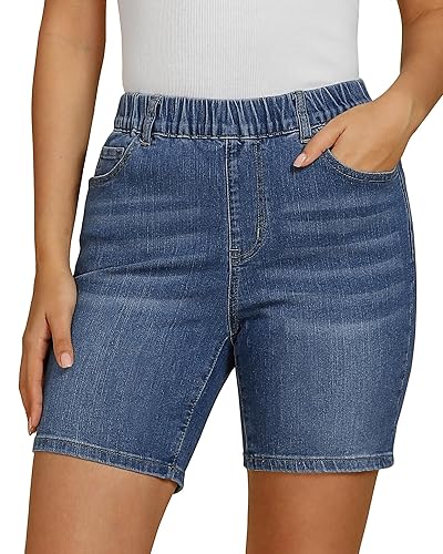 Vetinee Jean Shorts for Women Pull On Elastic Waist Mid