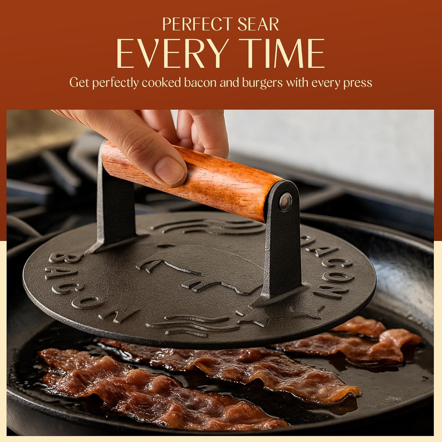 Heavy-Duty Cast Iron Burger Press 7 Inch Round Burger Smasher, Grill Press for Cooking Burgers, Bacon, Sandwiches, Steak, Ground Beef, Meats, Sausages, and So On