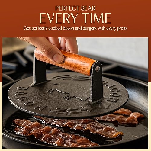 Miniatura 6 de Prensa de hamburguesas de hierro fundido resistente de 8.5 pulgadas, prensa redonda para hamburguesas, prensa para parrilla para cocinar