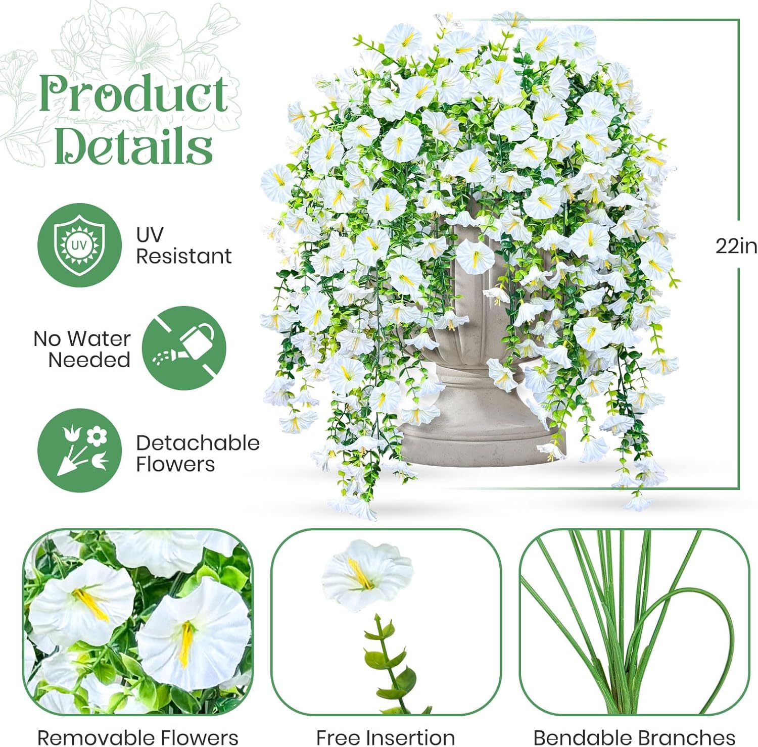 ICX 4PCS Artificial Hanging Flowers for Outdoors,Silk Morning Glory UV Resistant Fake Hanging Flowers,Artificial Flowers for Decoration,Outdoor Faux Plants for Door Porch Patio Planter Yard(White) - Image 2