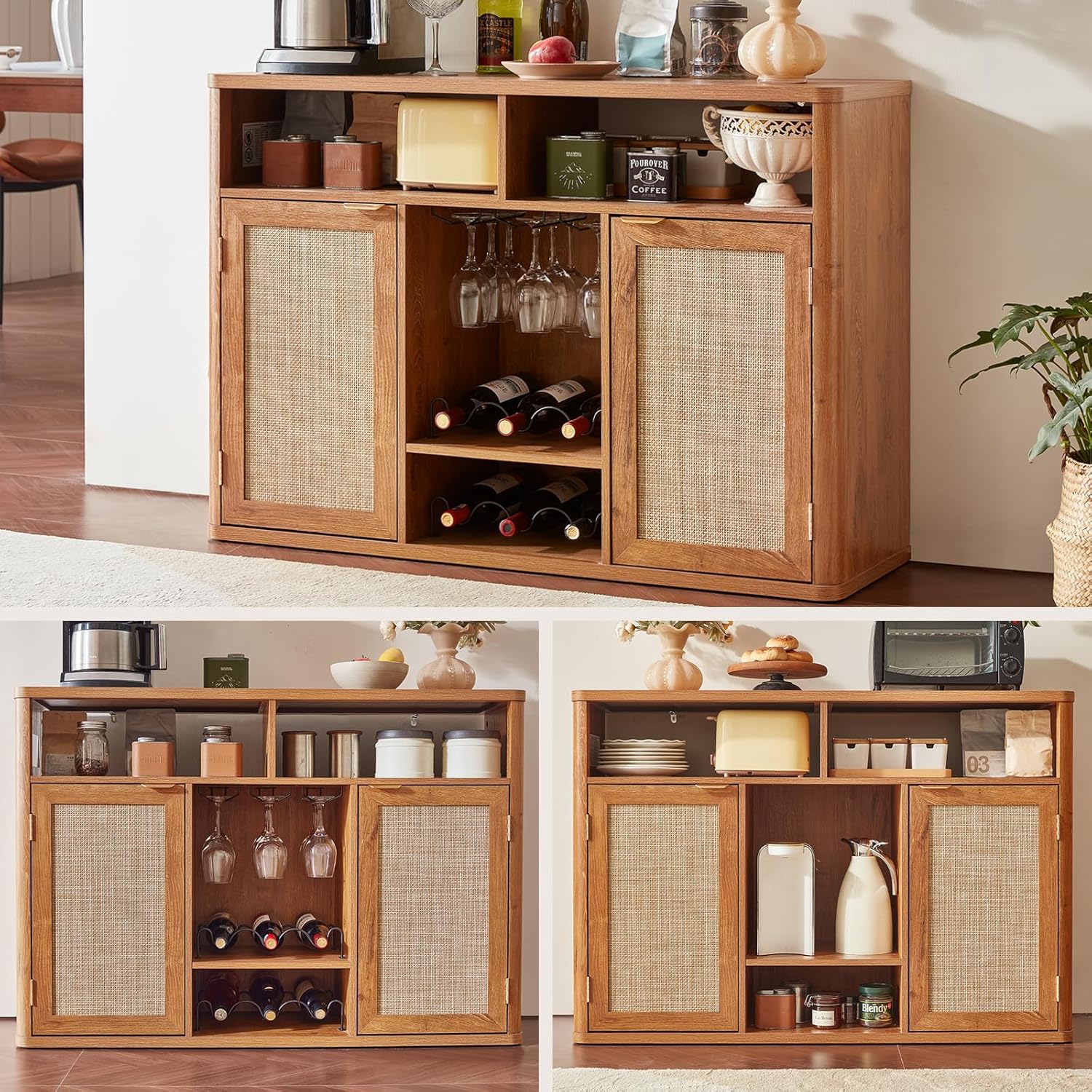Lerliuo Rattan Wine Cabinet with 2 Doors, Boho Liquor Cabinet with Wine Racks, Farmhouse Coffee Bar Station for Living Room, Dining Room, Kitchen, Tea Brown