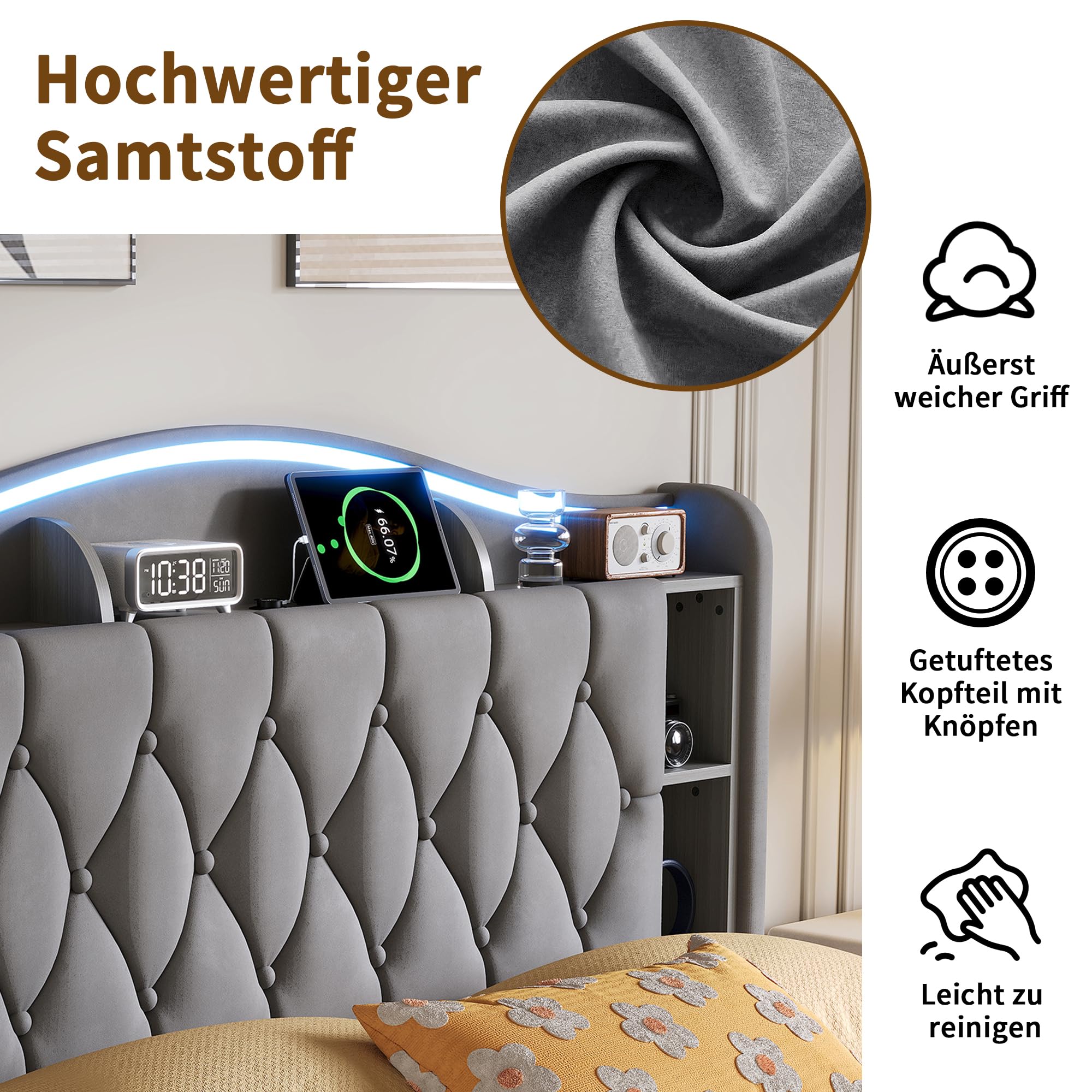 Letto Matrimoniale Contenitore 160x200 cm, con Archiviazione Idraulica, Deposito Nella Testata, LED, Ricarica Wireless e USB. Struttura in Velluto Grigio, Rete in Doghe di Legno, Senza Materasso