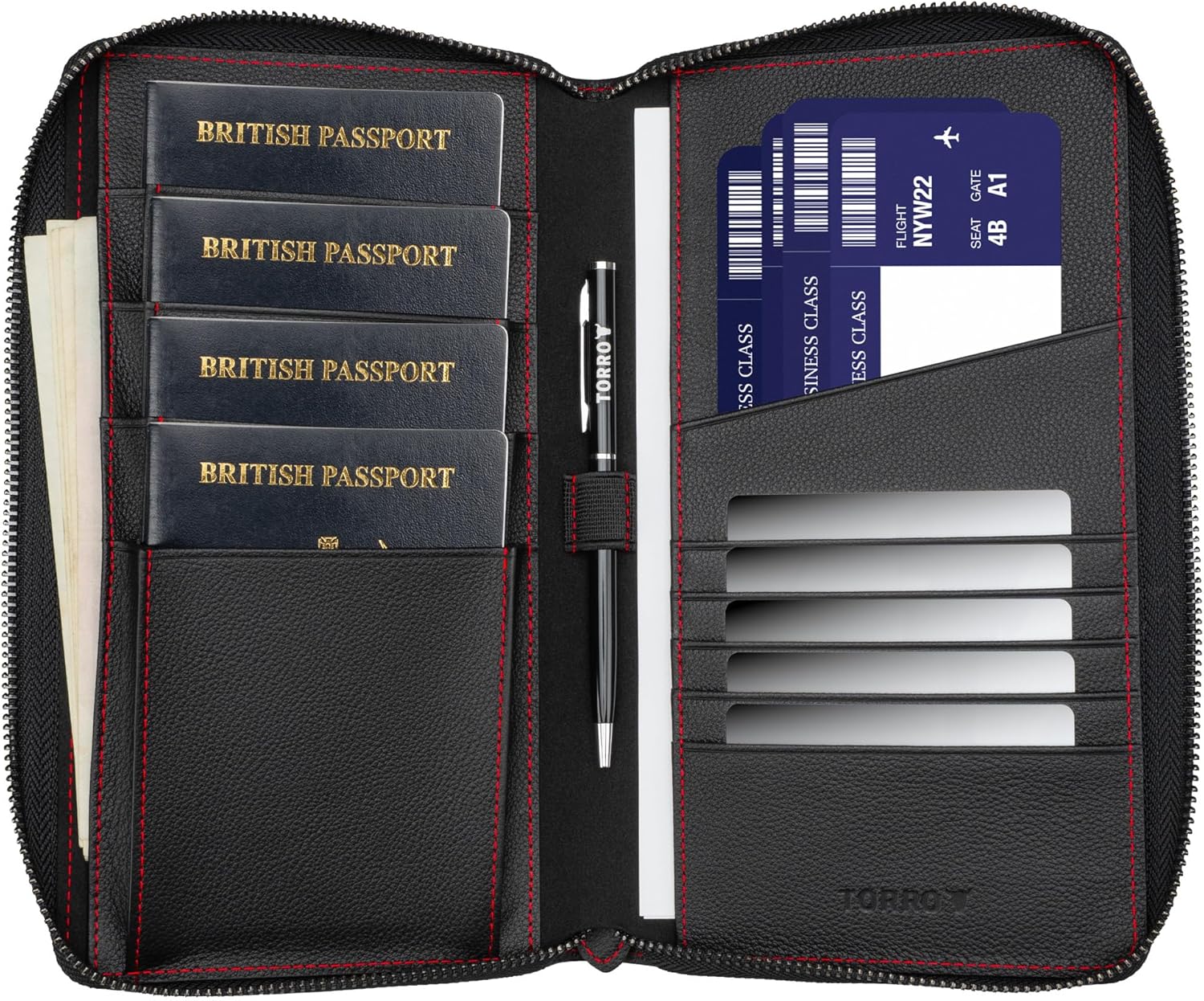 TORRO Premium Leather Family Travel Wallet, RFID Blocking Travel Organizer, Family Passport Holder for 4 Passports, Travel Documents and Cards (Black) - Image 2