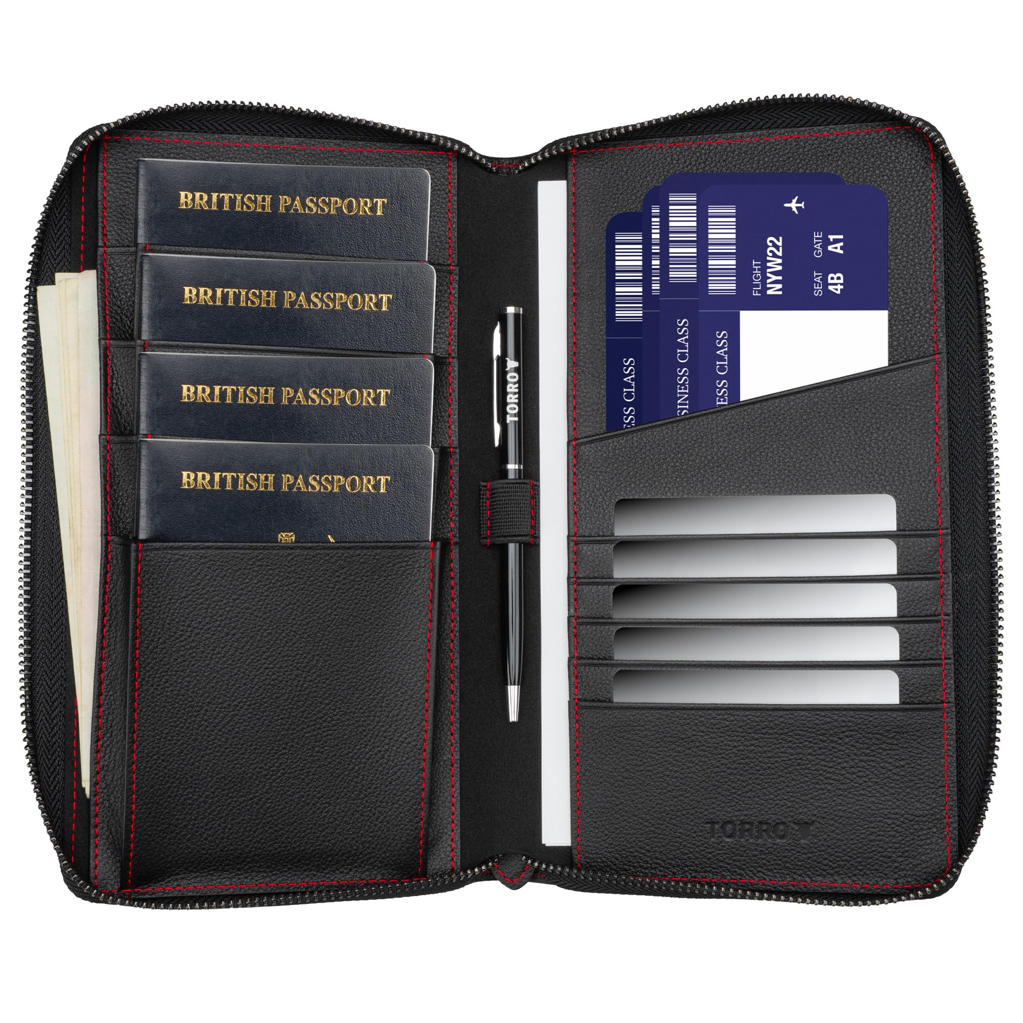TORRO Portafoglio da Viaggio per Famiglia - Portafoglio da Viaggio per Organizer da Viaggio in Pelle Premium/Porta Passaporto Familiare per 4 Passaporti (Nero)