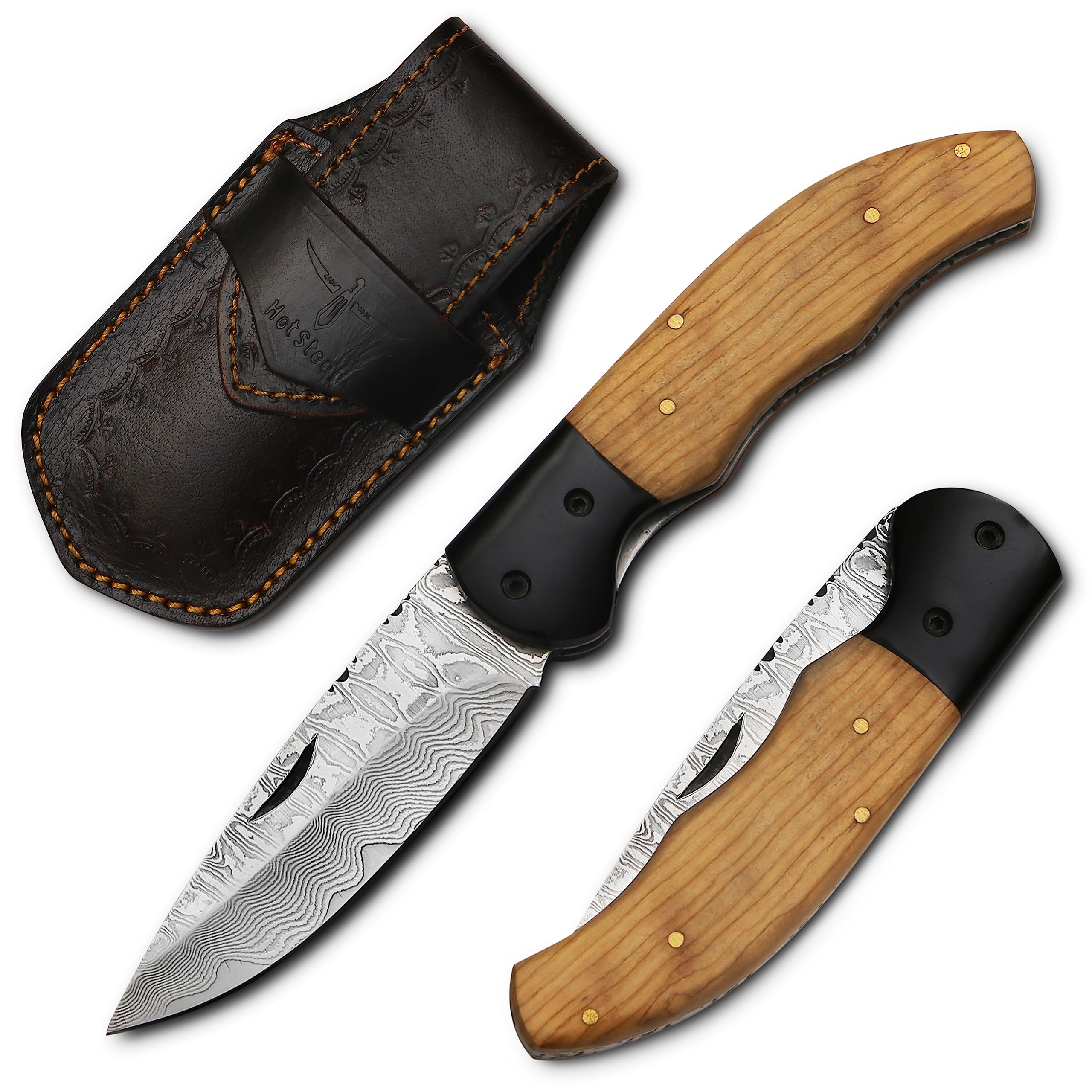 HotSteel Handmade Rust Free Damascus Folding Pocket Knife for Men | Liner Lock Camping and Hunting Knife with Premium Leather Sheath and Belt Loop
