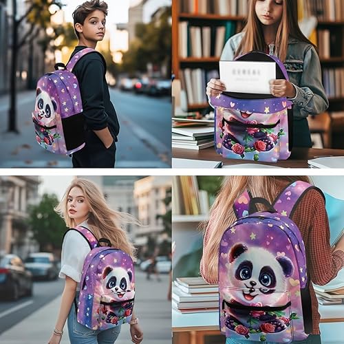 Miniatura 2 de Suobstales Paquete de 5 mochilas con estampado de estrellas y corazones de panda para niñas, adolescentes, mochila escolar para niños, escuela