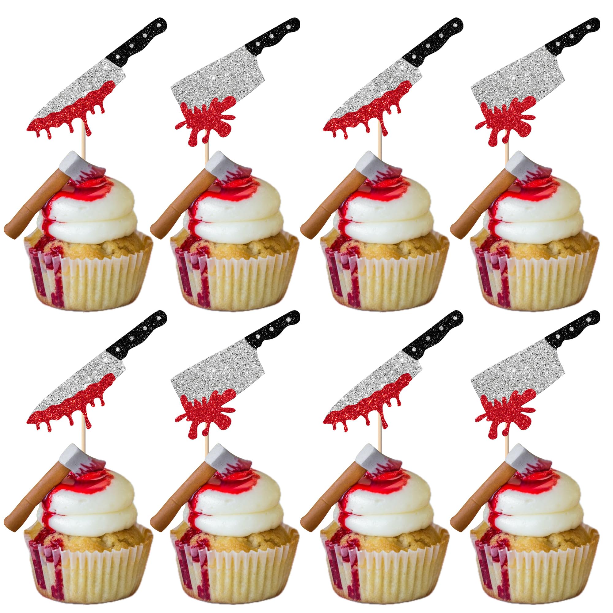 Xsstarmi 24 Pack Blood Knife Cupcake Toppers Glitter Have a Killer Theme Birthday Cupcake Picks for Horrible Birthday Halloween Party Cake Decorations โ image 1