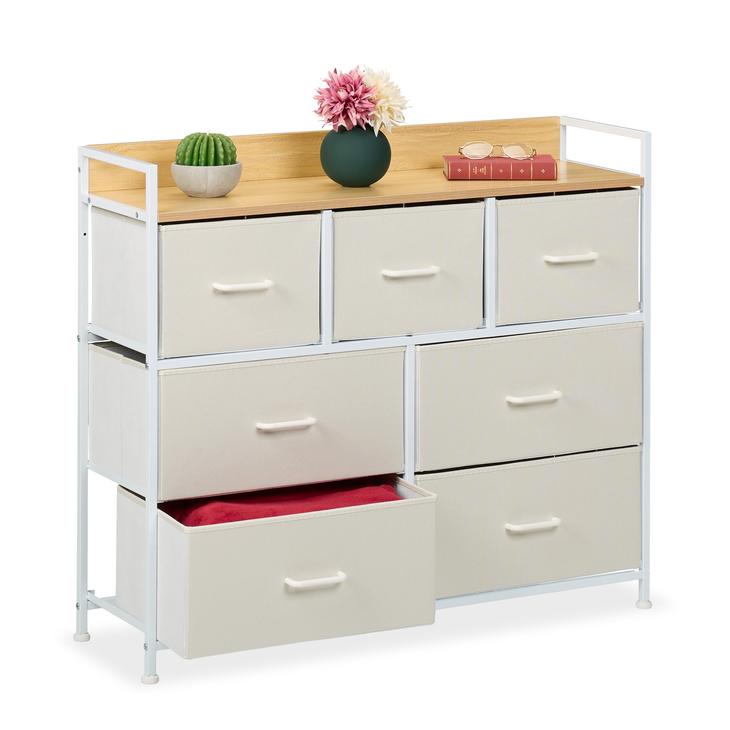 Relaxdays Chest of Drawers, HWD: 85 x 100 x 30.5 cm, 7 Fabric Drawers, Modern Storage for Hallway, Bedroom, White