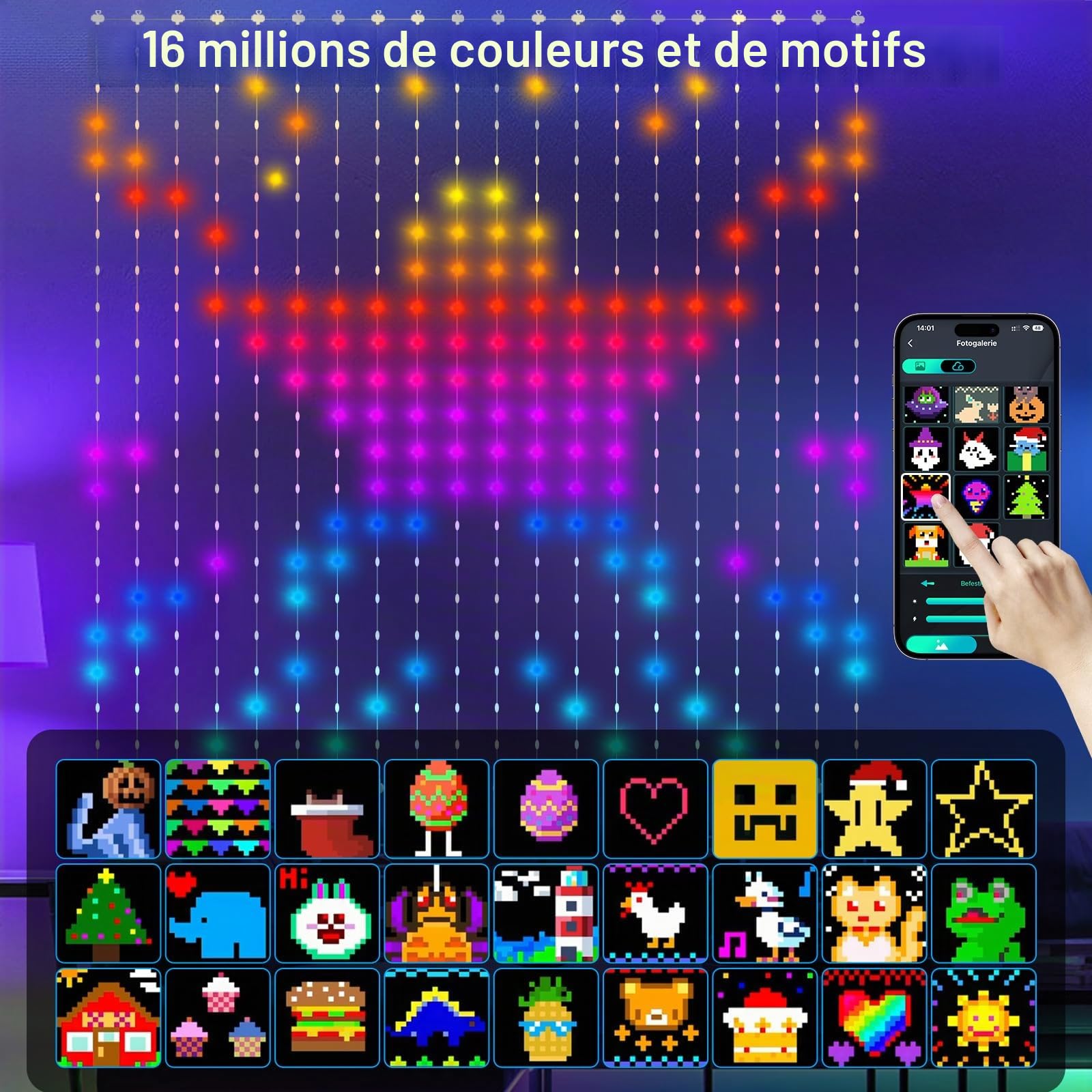 Ciskotu Curtain Lights, 86+ modes LED Rideau Lumineux intelligents, motif dynamique avec 400 LEDs, étanche IP65, Bande LED pour Chambre Coucher, décoration de Noël (2 x 2 m)