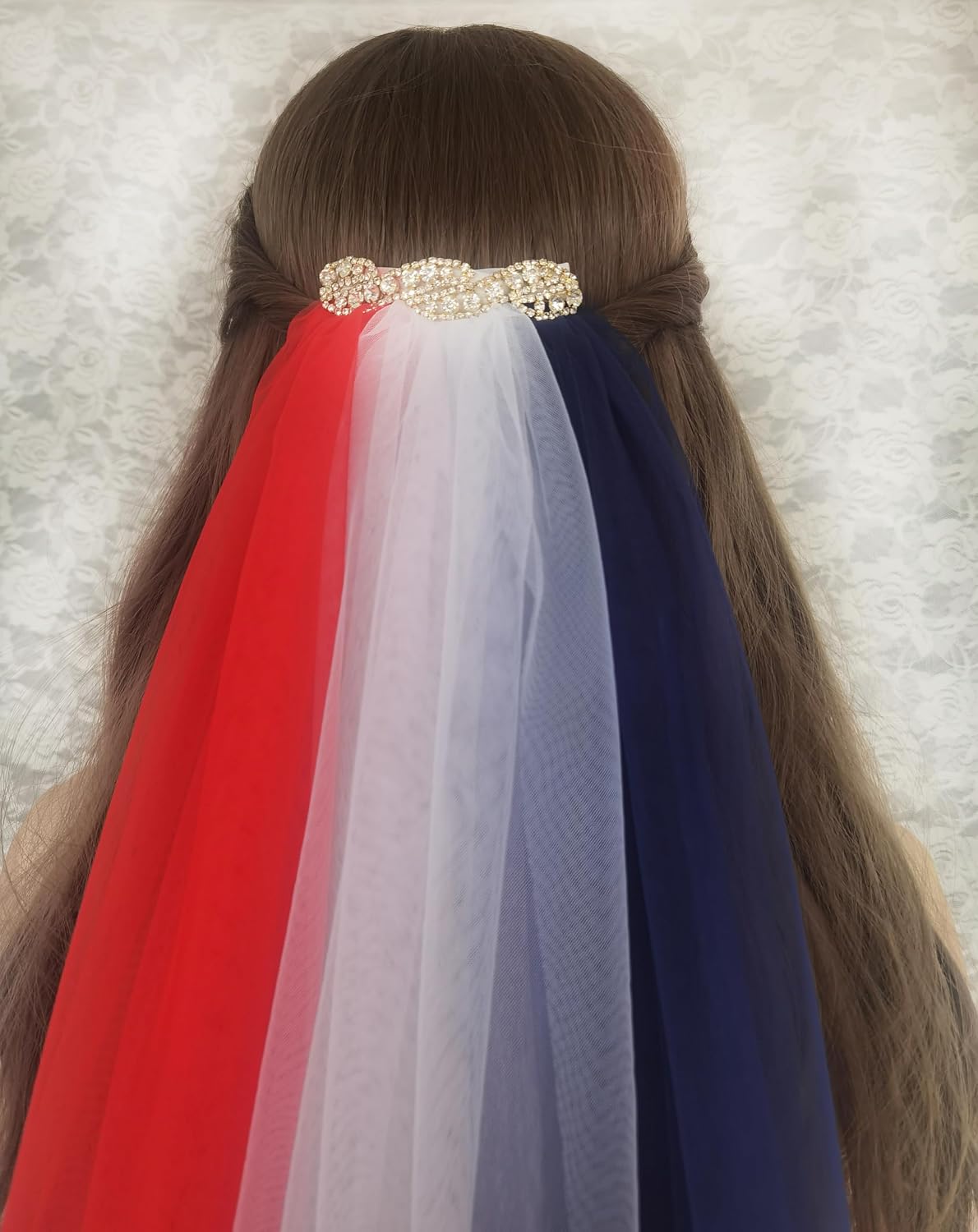Leimandy Patriotic Veil - Short American Flag Wedding Veil with Rhinestones | Bachelorette Party Accessory, 4th of July Bridal Shower & Christmas Theme Headpiece B030