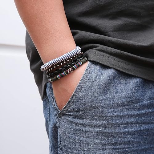 Miniatura 10 de HZMAN - Brazaletes étnicos y tribales de cuero con cordones de cáñamo y cuentas de madera para hombres y mujeres