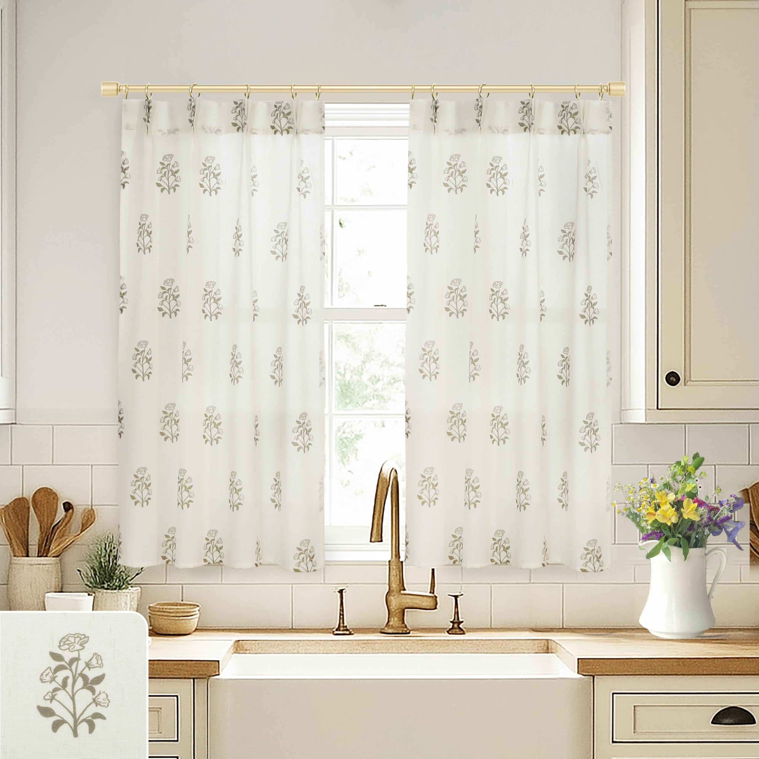 Short Curtains for Windows,Floral Patterned Sheer Privacy Cute Modern Farmhouse Pinch Pleated Decorative Curtains for Bathroom Bedroom Kitchen 45 Inch