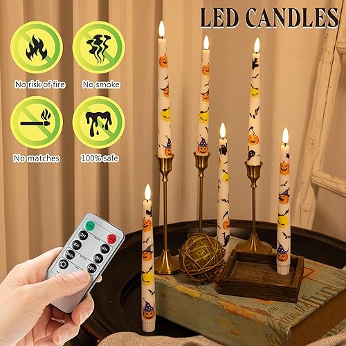 Miniatura 5 de Velas de Halloween con calabaza, murciélago, fantasma, velas cónicas sin llama de cera real de 9.6 pulgadas con control remoto y temporizador,