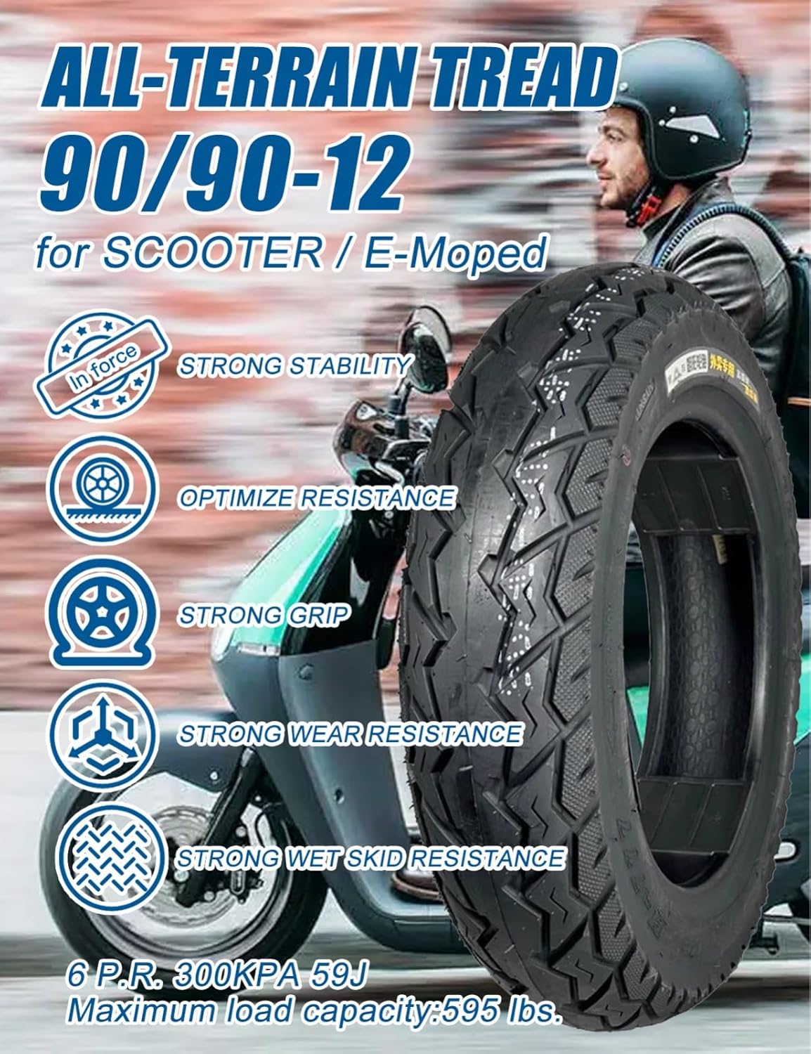 90/90-12 Tubeless Front or Rear Scooter Tire 12 Inches Rim，90/90/12 Tubeless Wear-Resistant Tire with Anti-Slip Street Tread, 90 90 12 Stab-Resistant, 300 kPa 59J, High Grip Tread
