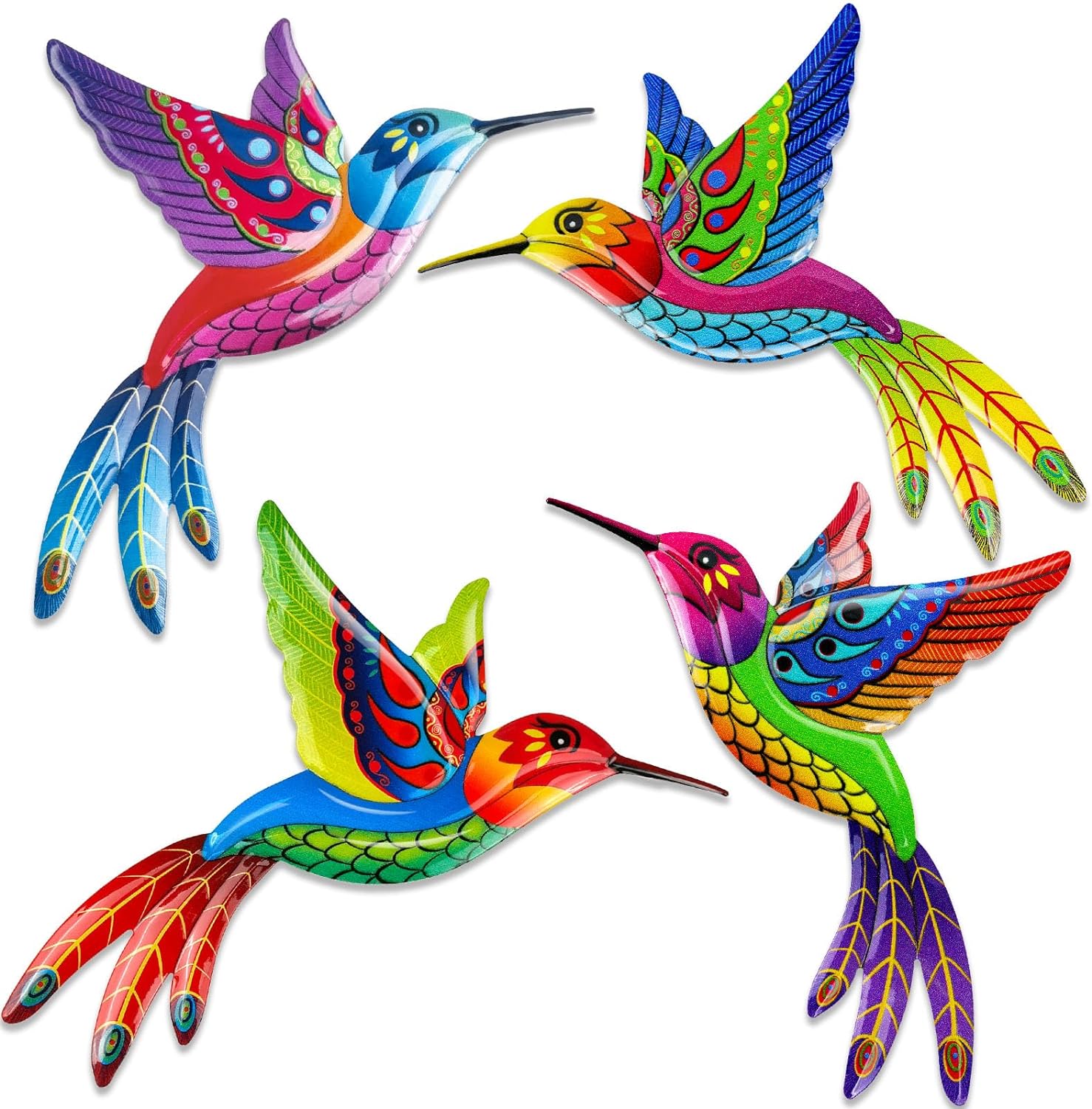Giyiprpi 4 Pack Metal Hummingbird Wall Art Outdoor Decor, 3D Colorful Outdoor Wall Art Fence Decorations for Patio and Yard, Wall Sculpture Hanging Decor for Garden Living Room Balcony