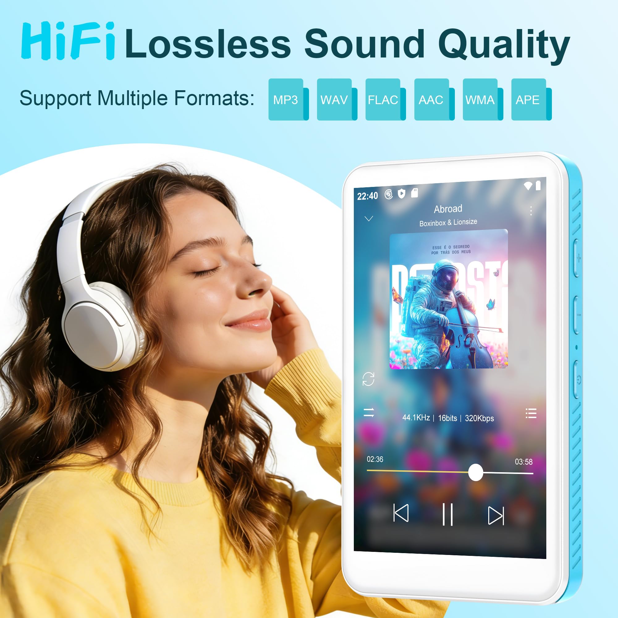 SWOFY D08 MP3 Player mit Bluetooth und WLAN, Android 13, 32GB, 4 Zoll Touchscreen, unterstützt Spotify, Audible, Play Store und UKW-Radio, Speicher erweiterbar bis 1TB