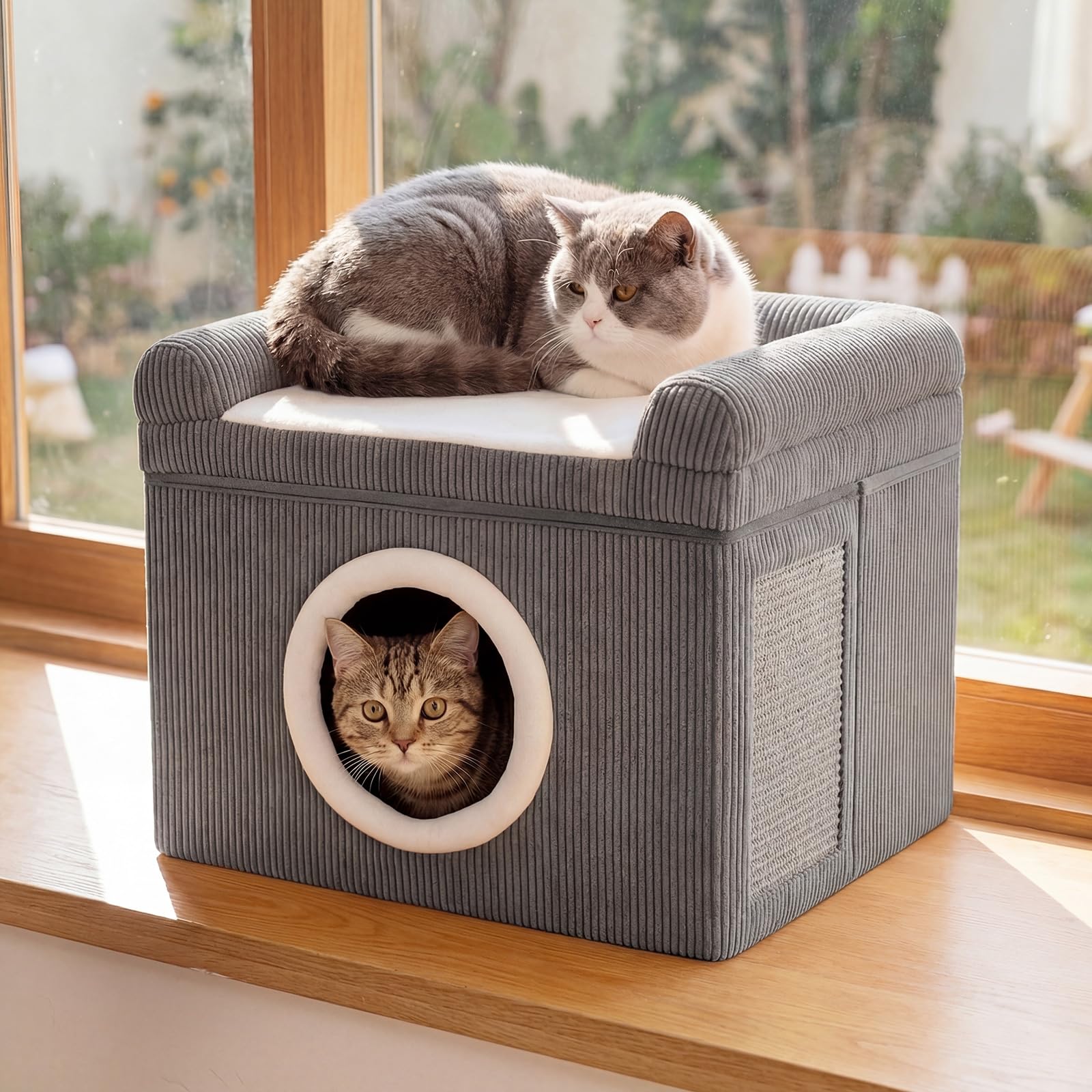 COSTWAY Katzenhaus faltbar, Katzenhöhle mit Sisal-Kratzmatte, weiches Kissen, erhöhten Kanten & Rutschfester Boden, Katzenbett für 2 Katzen, Indoor, bis 15 kg, Cordstoff, 49 x 41 x 39 cm (Grau)