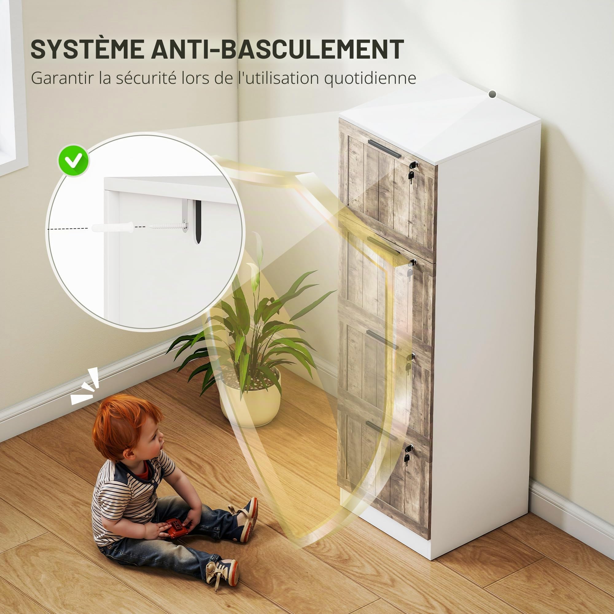 HOMCOM Armoire à tiroirs de Bureau avec 4 tiroirs Armoire à tiroirs de Bureau avec Serrure 2 clés Barres de Suspension pour A4 Lettre à dossiers Mobile pour 39,4x40x129 cm Blanc & Bois