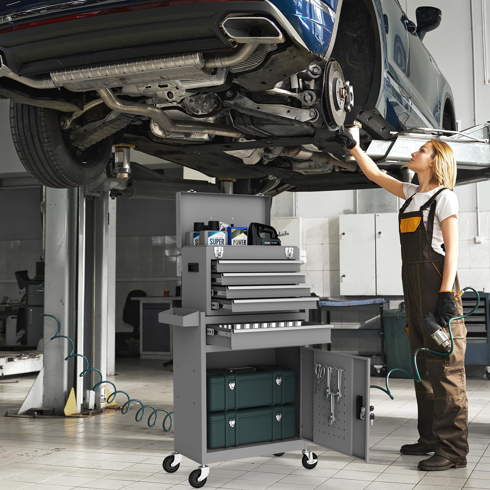 Amazon.co.jp: Gornoxblif 5段引き出しグレーツールチェスト、2イン1