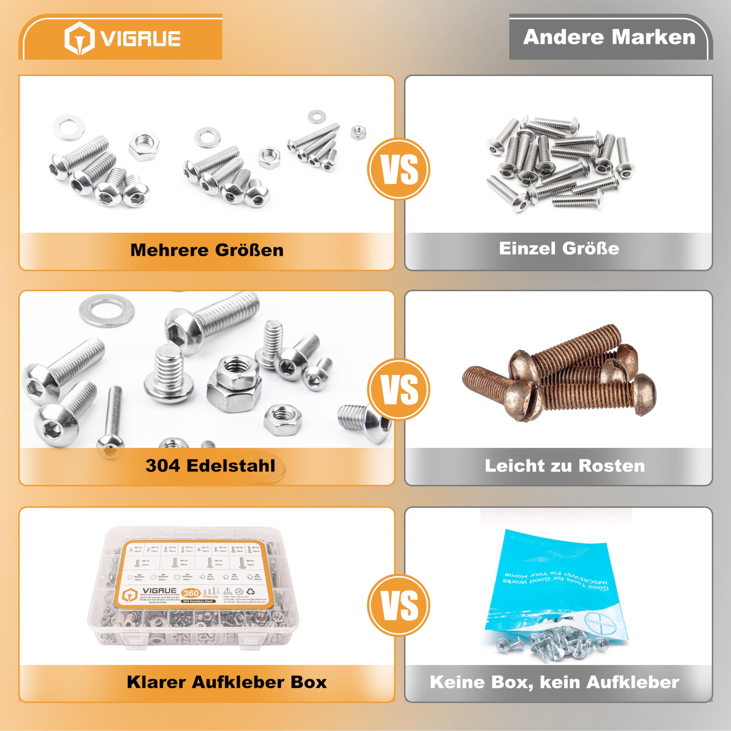 VIGRUE 360 Pieces 304 Stainless Steel Screws Set M5 M6 M8, Threaded Screws Set including Nuts Washers and Allen Keys in Storage Box - Image 4