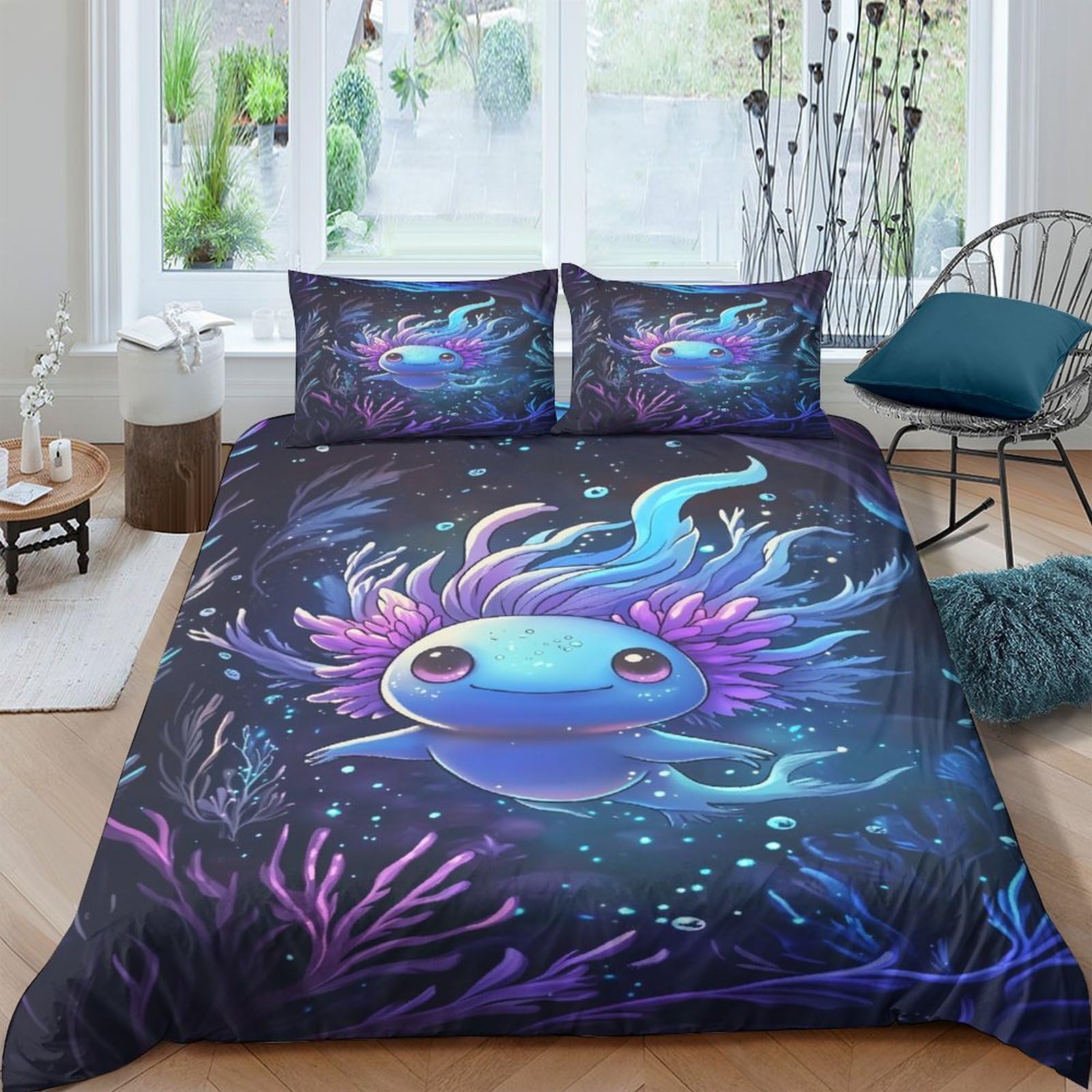 Ctjqhvkz Style-8 3D Printed Cute Blue Axolotl Fitted Sheet Microfiber Soft Slip-Resistant Mattress Cover Purple Underwater Coral Decor For Bedroom Home Single（135X200cm）