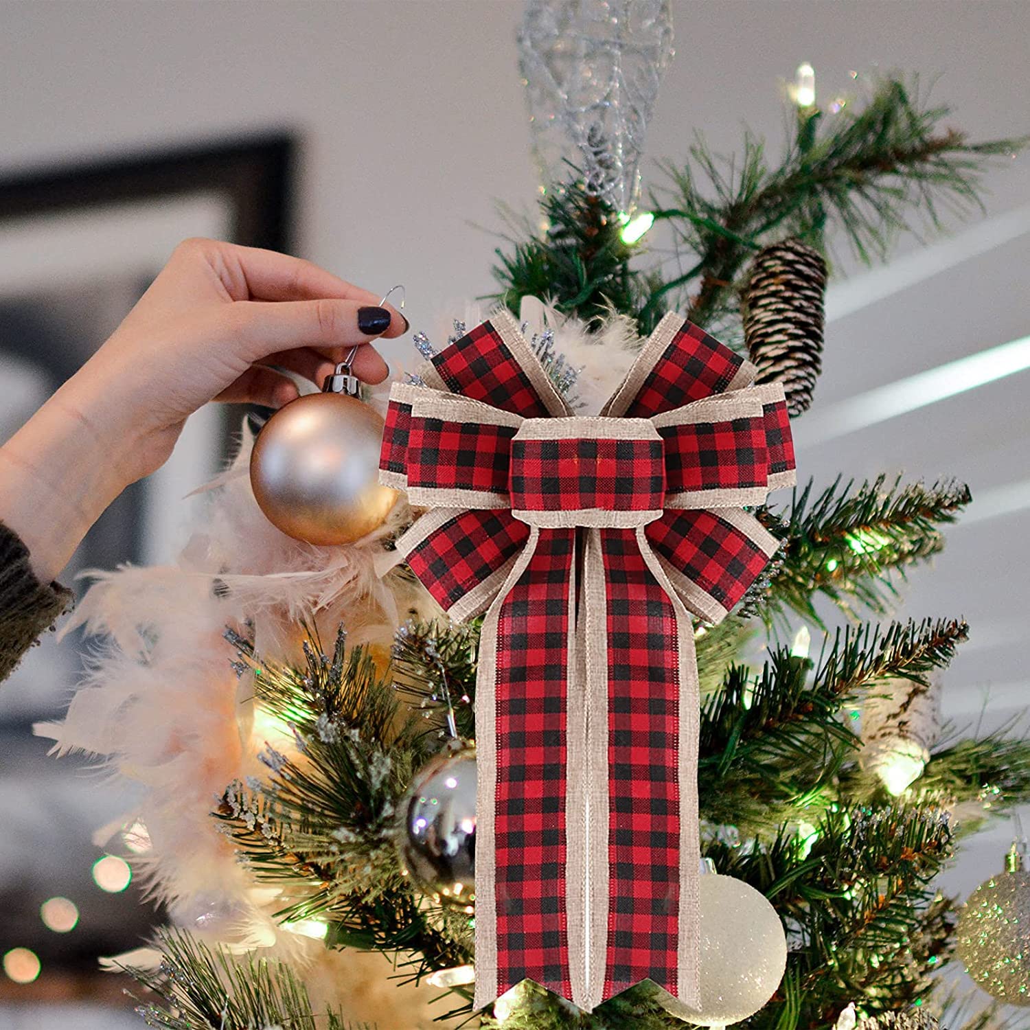 Weihnachtsbogen, kleine Weihnachtsbaum Dekoration, Weihnachtsschleifen, Schleifenband, dekorativ, 7 Stück, Büffelkaro-Schleife, Weihnachtsschleife for Weihnachtsbaumparty, Sortiert
