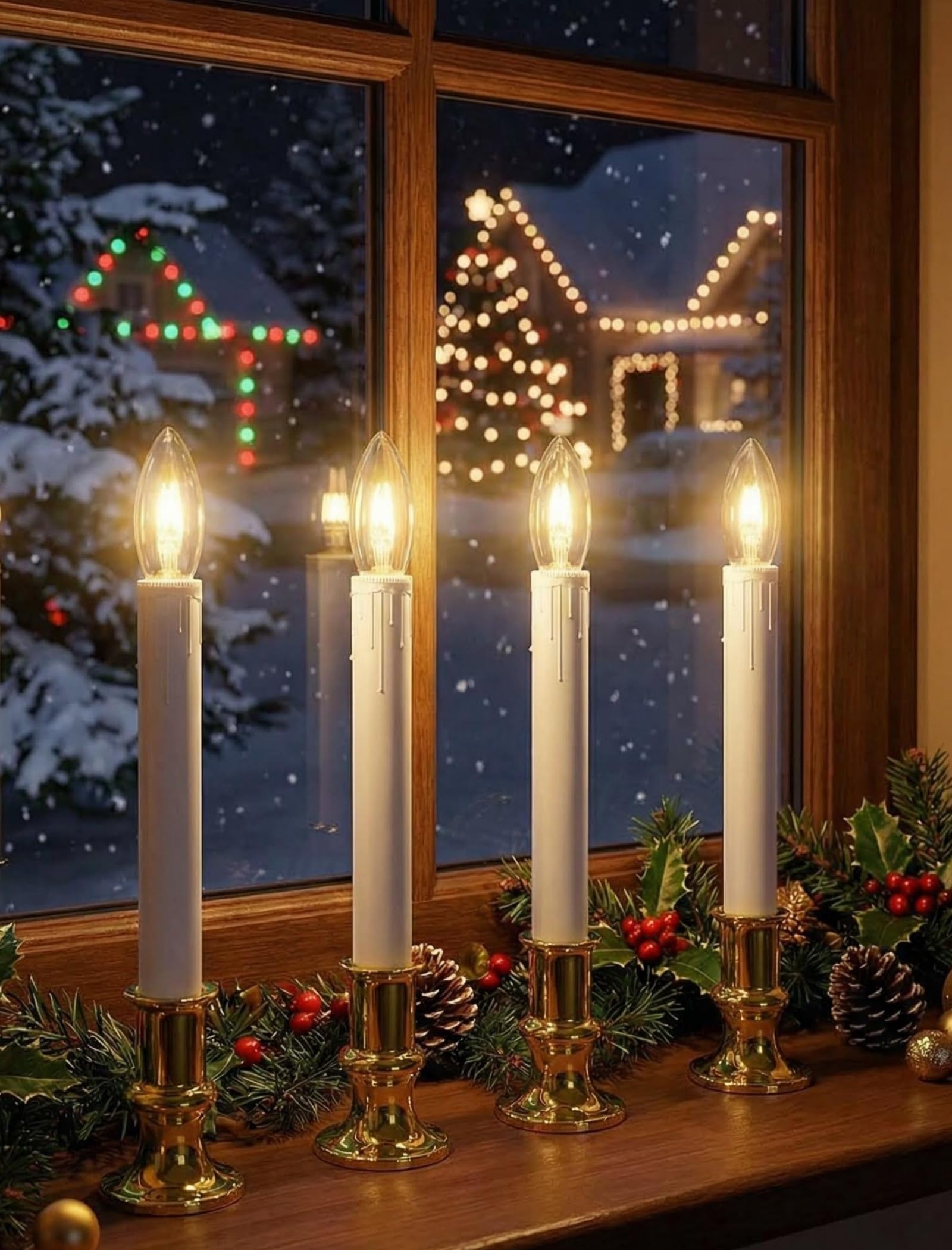 4 Pack Window Candles Battery Operated with Timer,Golden Plated Holders