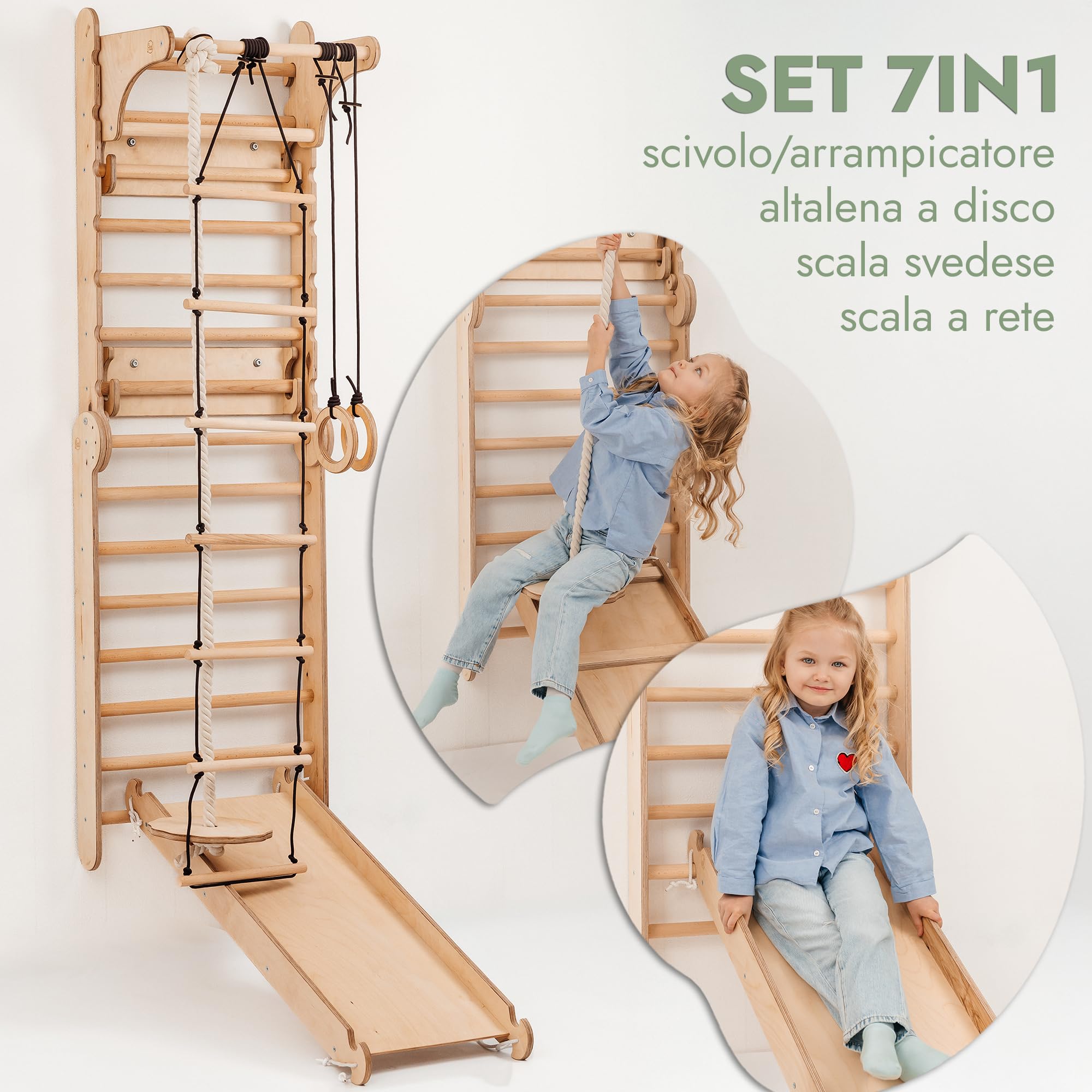 Goodevas Set da Parete Svedese 6 in 1 e Scivolo per Bambini, Versatile, Scala da Arrampicata, Altalena e tavola Scorrevole, Attrezzatura da Gioco Ideale per Interni, per Bambini da 2 a 12 Anni
