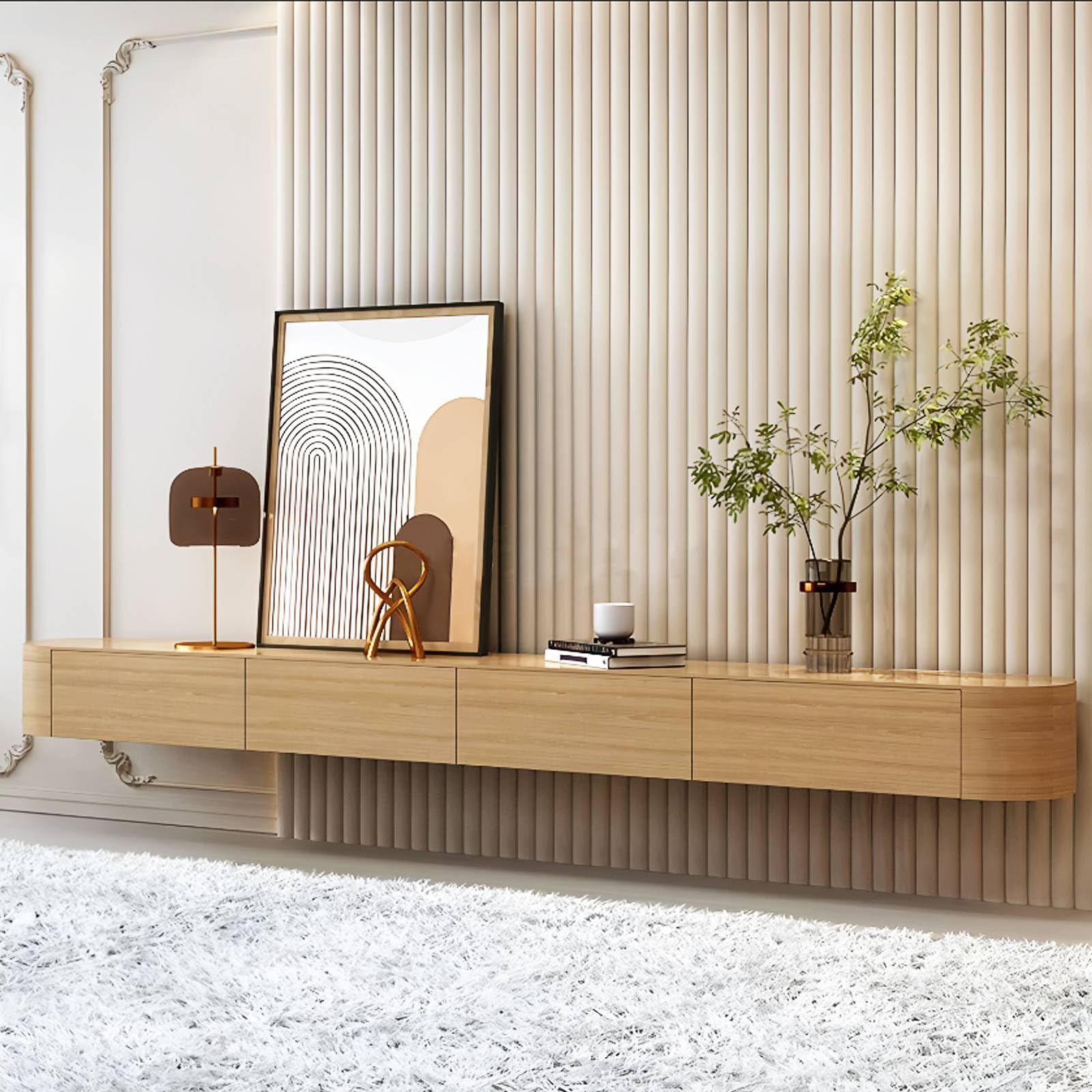 Nowoczesny pływający stojak na telewizor z wieloma kartonami minimalistyczny design drewniane futro na telewizor różne modele (200 x 30 x 20 cm) - Slish Home Entertainment Solut