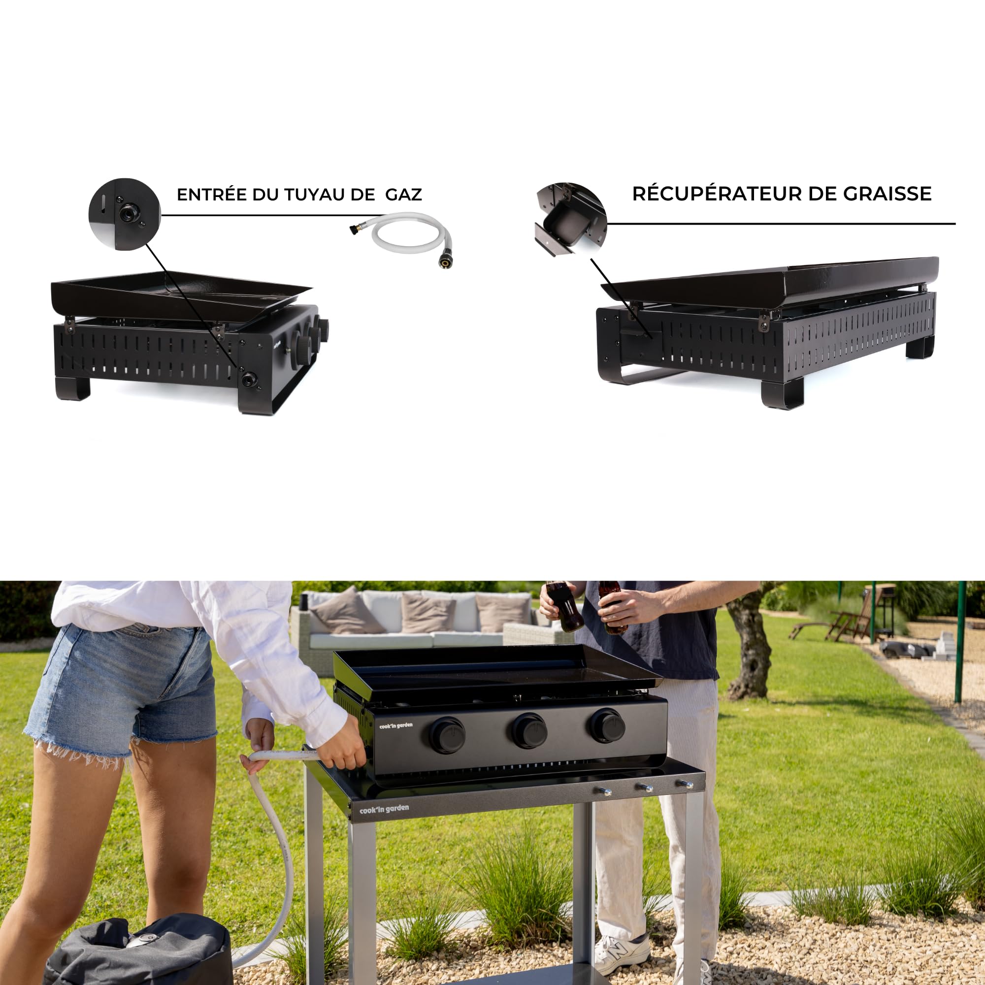 Cook'in Garden - Plancha Gaz Tempo, 3 Brûleurs 6 kW, Plaque en Acier Émaillé, Bac Récupérateur de Graisse Amovible, Idéal 10 Personnes, Idéal Terrasse et Jardin